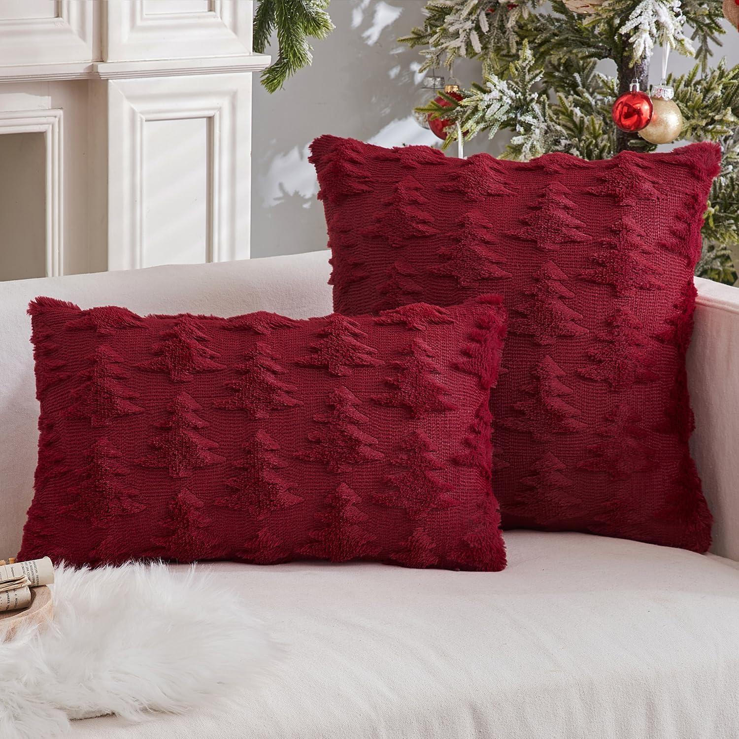 UGASA Pillow Covers 20x20 Inch Set of 2 Soft Plush Faux Fur Christmas Tree Decorative Luxury Jacquard Throw Pillows Pillowcases for Couch Sofa Holiday Festivals Home Decor, Burgundy
