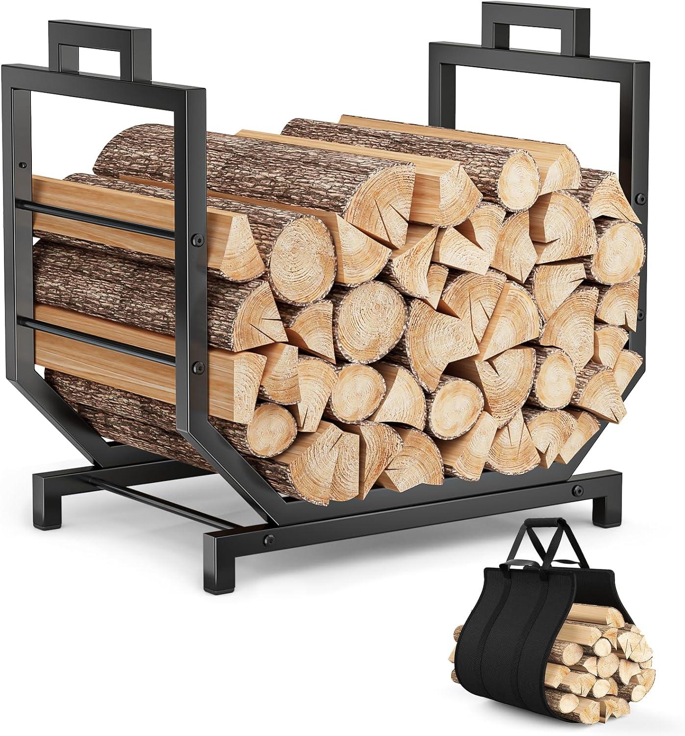 Heavy Duty Black Metal Firewood Holder With Removable Carrier For Indoor/Outdoor Wood Storage