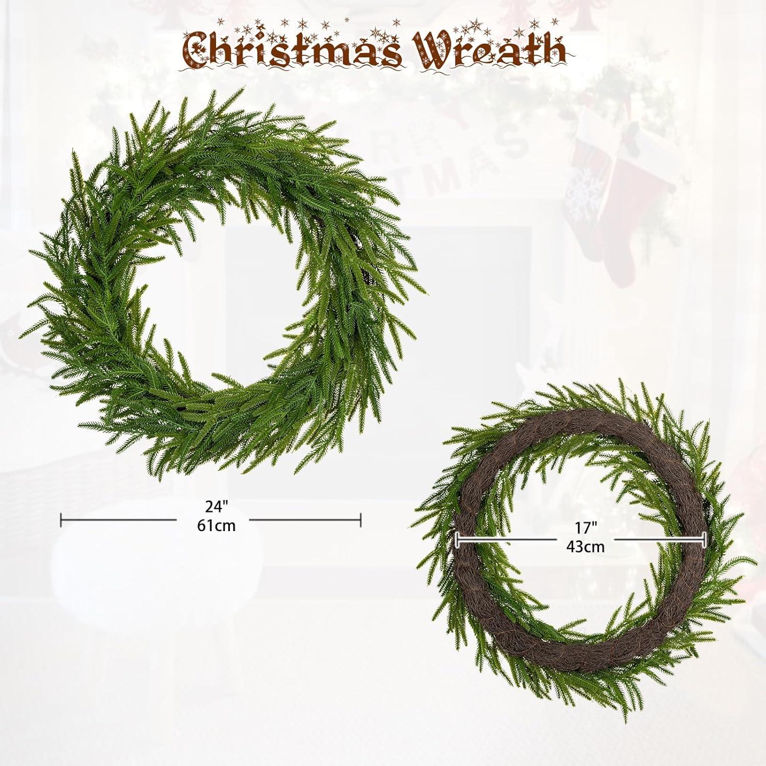 24" Pine Wreath for Front Door Artificial Christmas Wreath Green Faux Pine Wreath for Wall Windows Mantle Outdoor Christmas Decoration