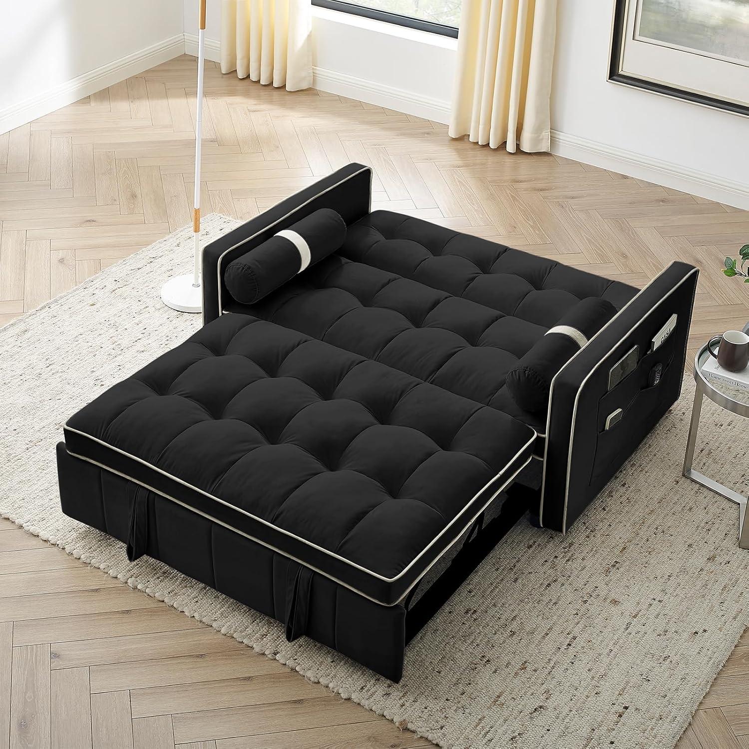 3 in 1 Convertible Sleeper Sofa Bed,55" Modern Velvet Sofa Couch Bed with 2 Lumbar Pillows and Adjsutable Backrest,2 Seater Loveseats Sofa for Apartment Office Living Room,Black