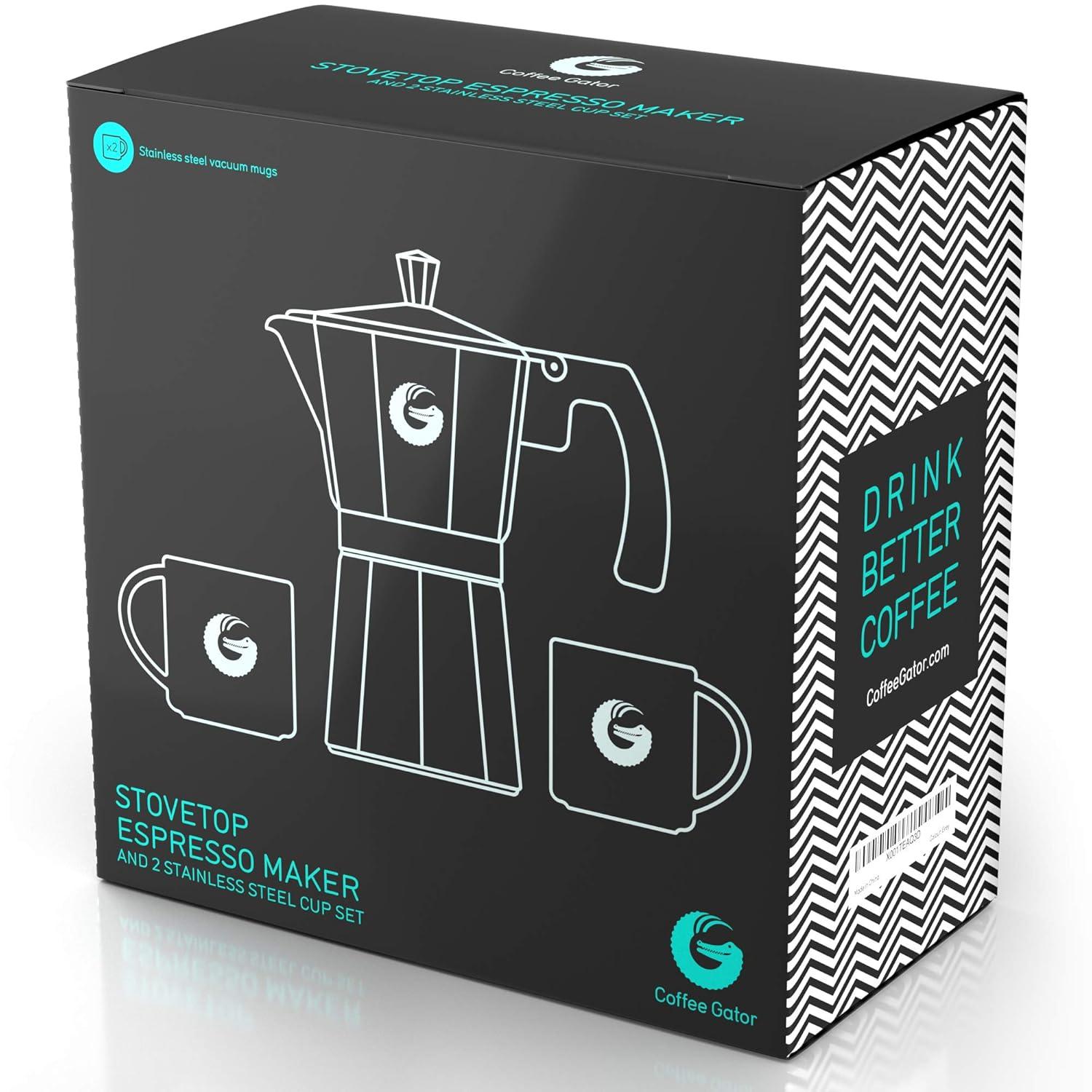 Coffee Gator Moka Pot - 6 Cup, 12oz Stovetop Espresso Maker - Classic Italian and Cuban Coffee Percolator w/ 2 Stainless-Steel Cups – Matte Grey Aluminum, 360ml