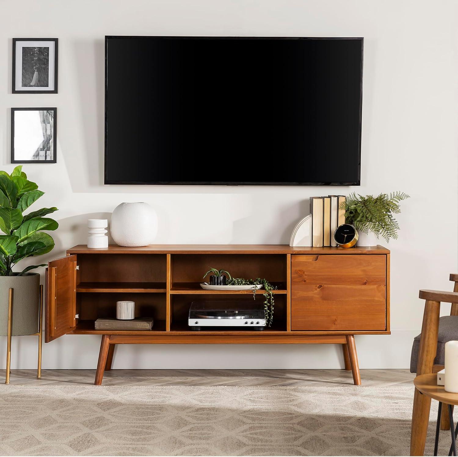 Adair 58" 2-Door Solid Pine Wood TV Console with Cutout Handles in Caramel