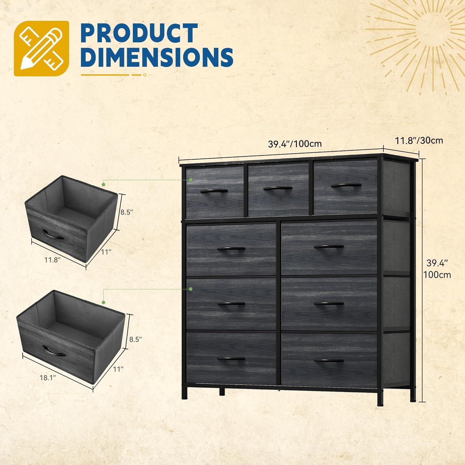 YITAHOME Dresser with 9 Drawers - Fabric Storage Tower, Organizer Unit for Living Room, Hallway, Closets - Sturdy Steel Frame, Wooden Top & Easy Pull Fabric Bins (Charcoal Black Wood Grain)