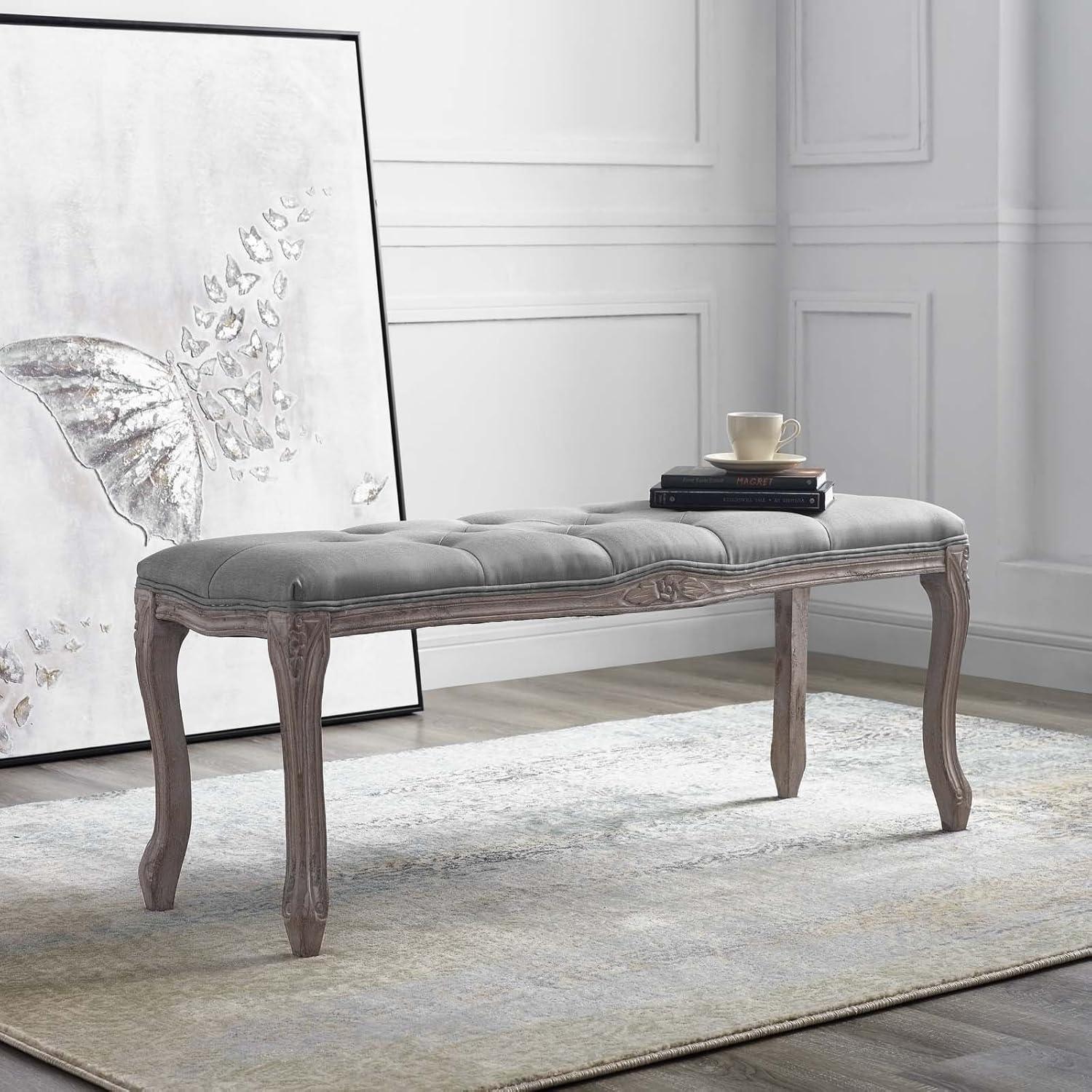 Modway Regal Vintage French Upholstered Fabric Bench in Light Gray