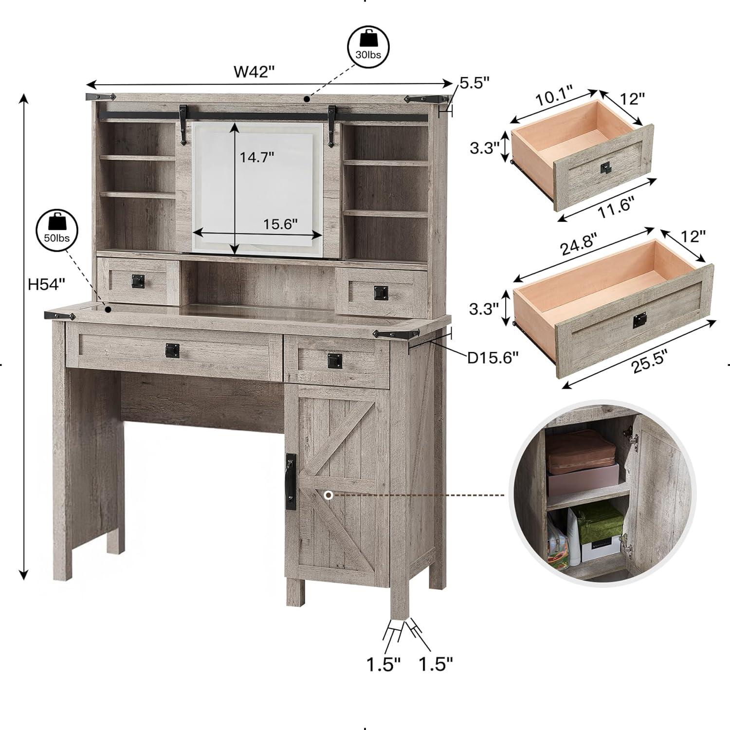 OKD Farmhouse Rustic Makeup Vanity Desk with Sliding Mirror and Lights, Glass Top Vanity Set with Charging Station, 4 Drawers & 1 Cabinet, Includes Stool - Big Vanity for Bedroom, Light Rustic Oak