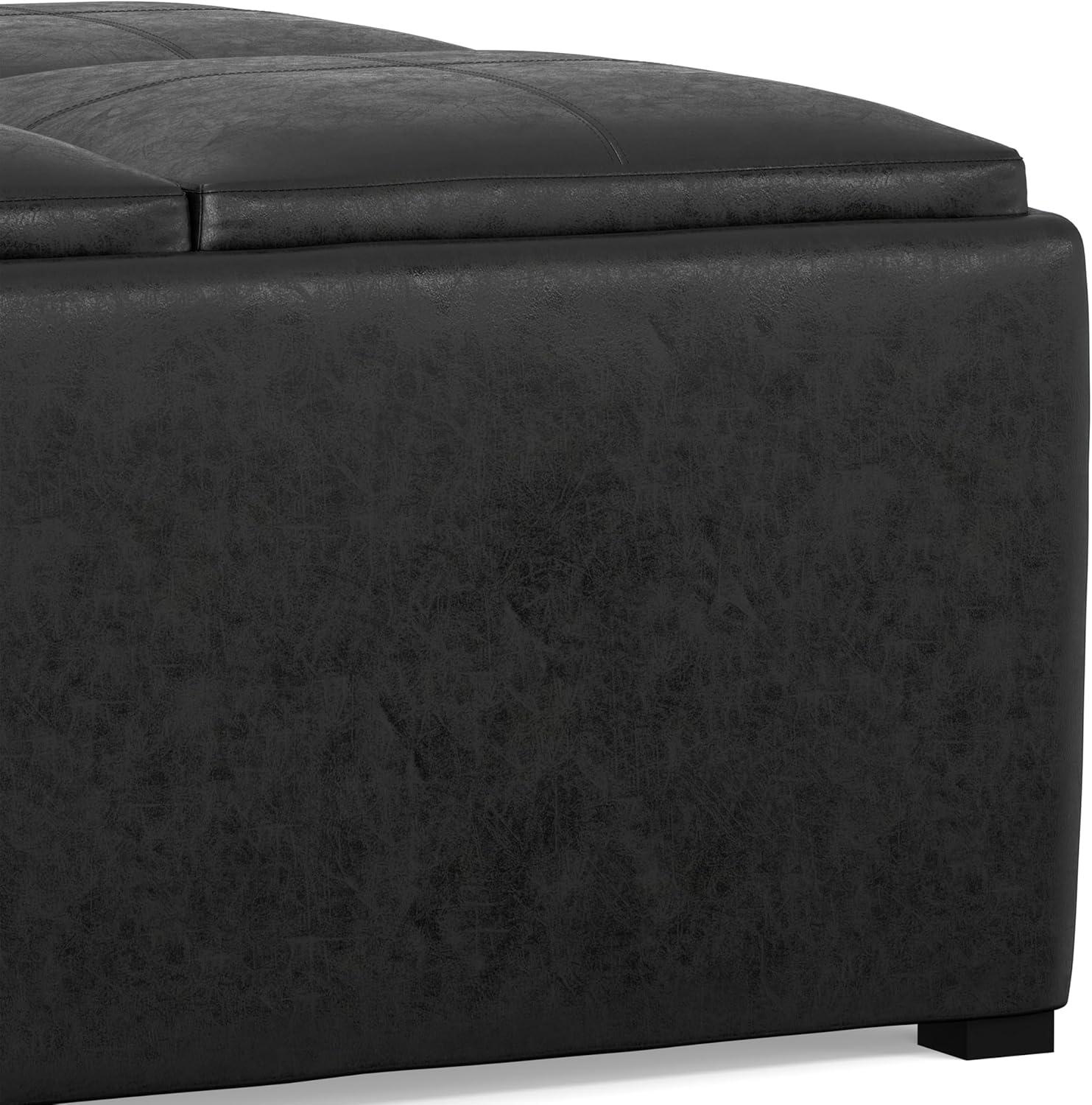 Simpli Home Avalon 35"W Upholstered Square Coffee Table Storage Ottoman with Flip-Over Trays
