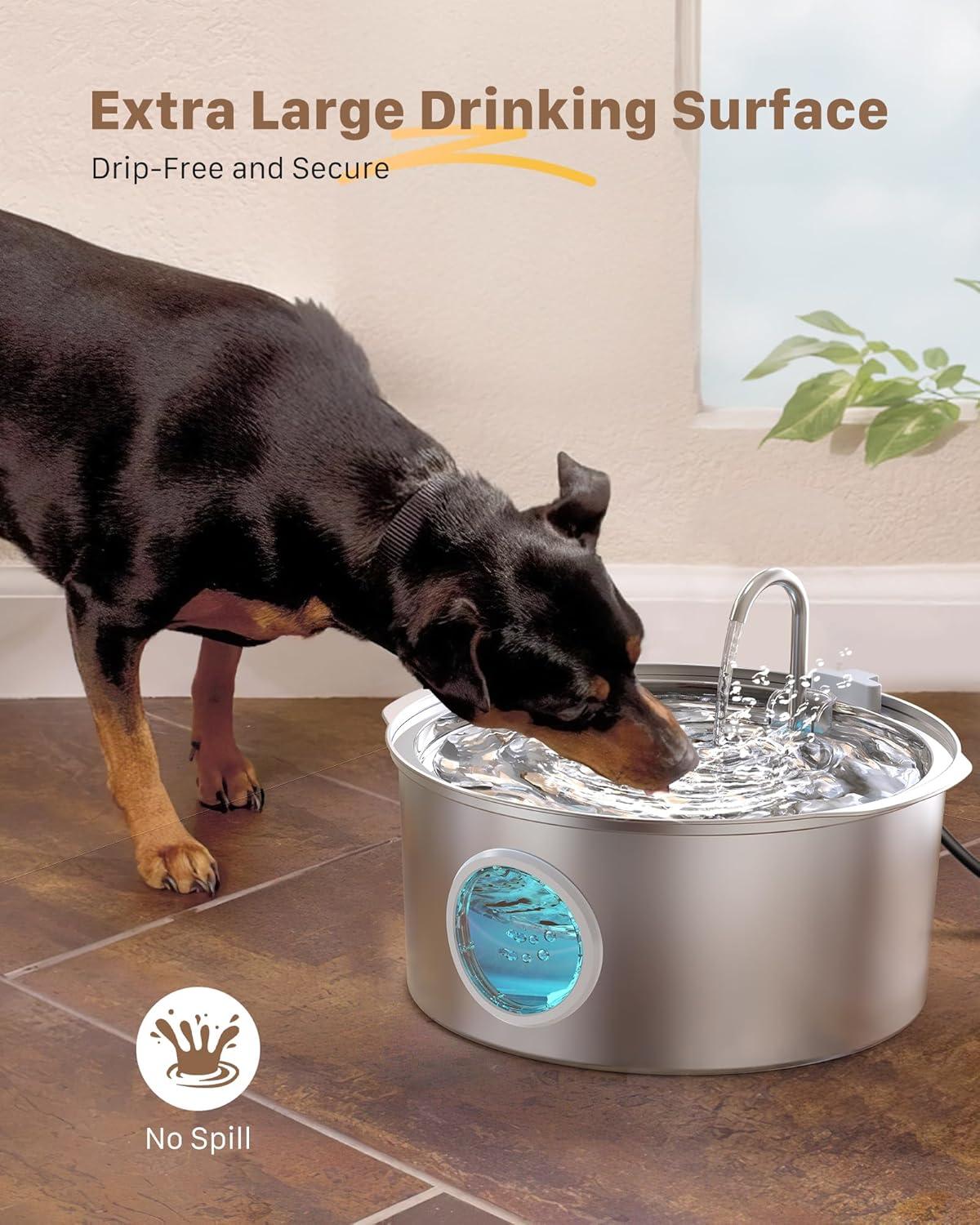 Dog Water Fountain for Large HYZ01 Dogs: Stainless Steel Dog Fountain -1.8Gal/7L Dog Fountain Water Bowl - Dog Fountain - Pet Water Fountain for Dogs - 6 Filters + 3 Sponge Filters - FOFNON