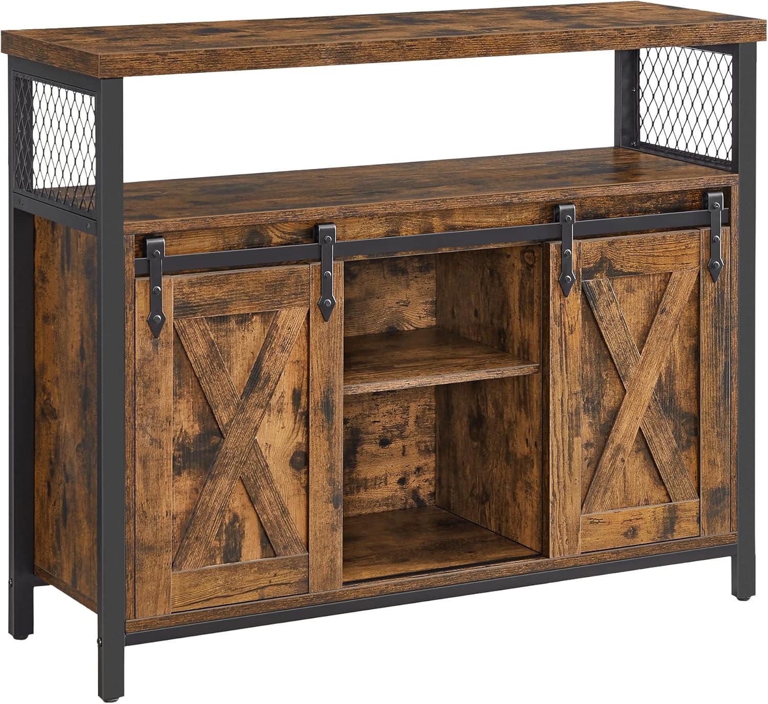 VASAGLE Buffet Sideboard Storage Cabinet with Adjustable Shelf and Sliding Barn Door Rustic Brown and Black