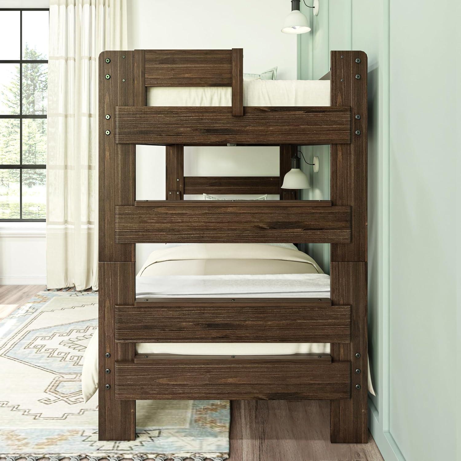 Max & Lily Twin over Twin Bunk Bed, Farmhouse Solid Wood Bunk Beds for Kids, Barnwood Brown
