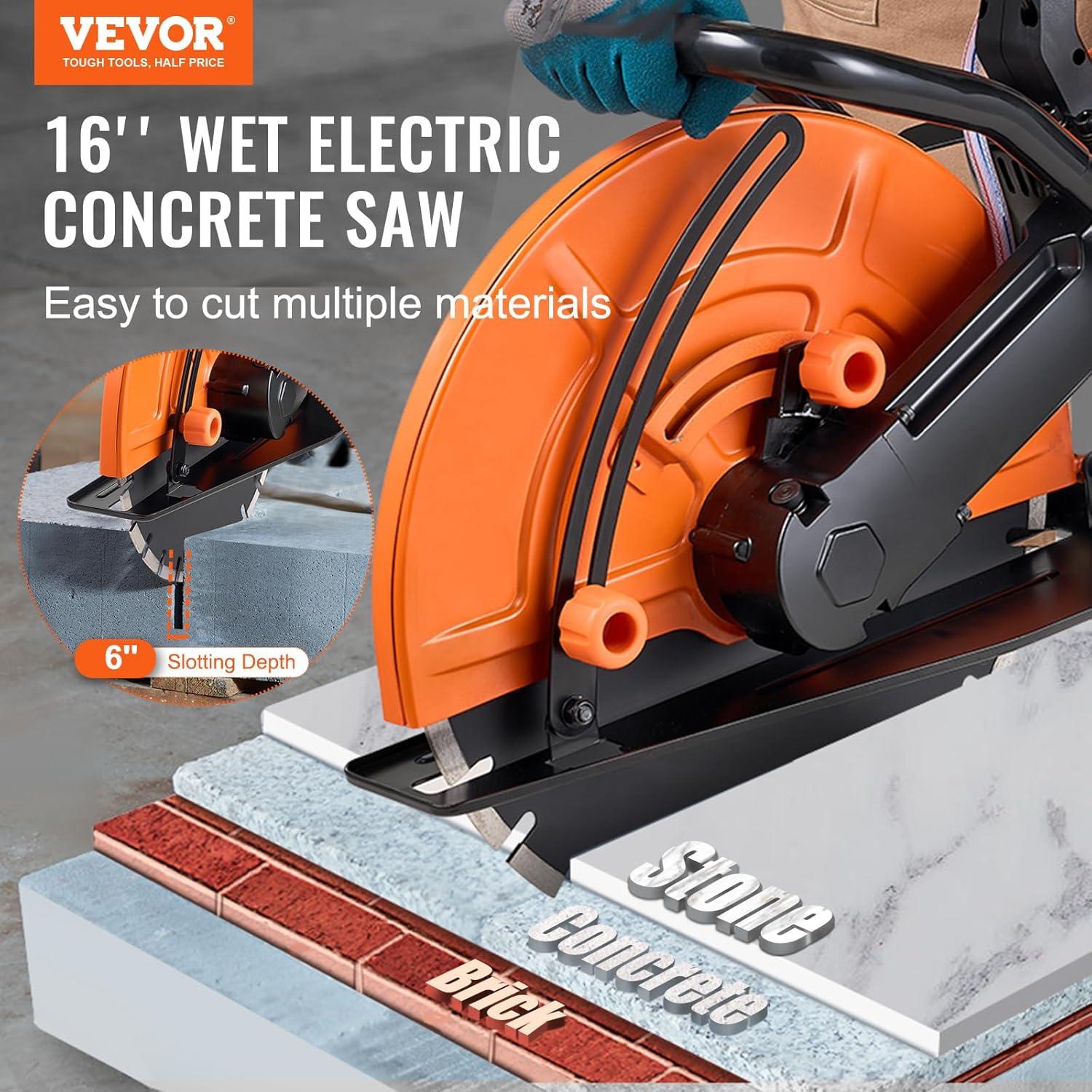 Electric Concrete Saw, 16 in, 3200 W 15 A Motor Circular Saw Cutter with Max. 6 in Adjustable Cutting Depth, Wet Disk Saw Cutter Includes Water Line, Pump and Blade, for Stone, Brick