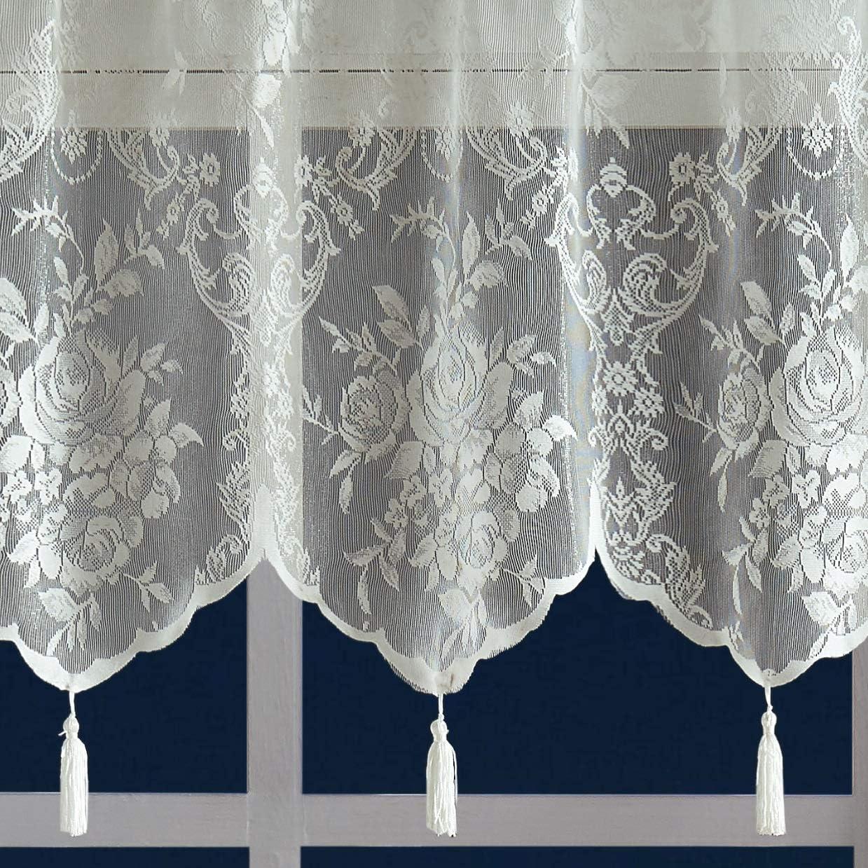Rosdorf Park Rosdorf Park Pair Of 2 Sheer Lace Curtain Panels with Attached Matching Valance With 6 Tassels. (Set of 2)