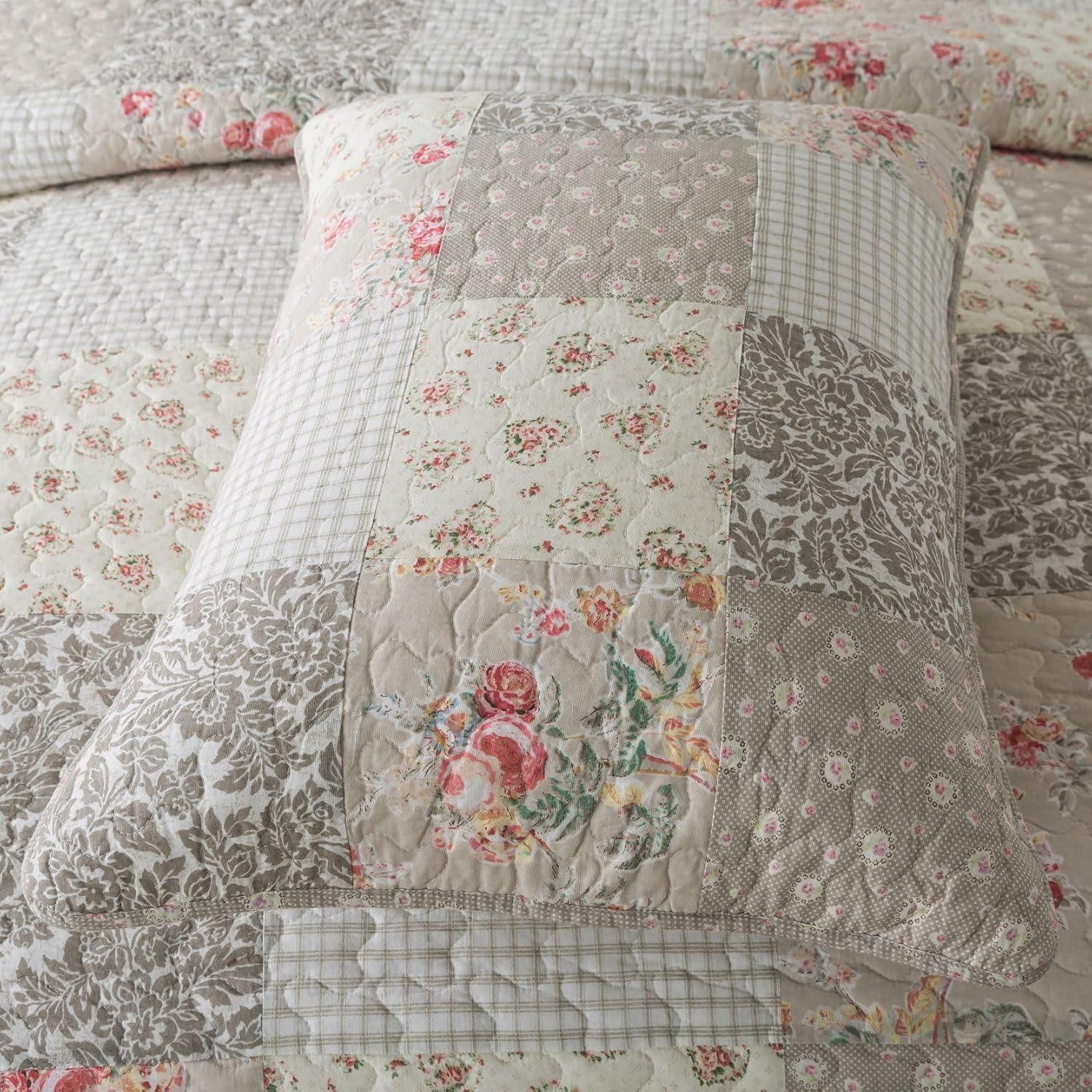SLPR Walk in The Cotswolds Patchwork Cotton Pieced Quilt Set - Queen Size with 2 Shams, Neutral Floral & Cream Cottage Quilted Bedspread, French Country Farmhouse Bedding for All Seasons