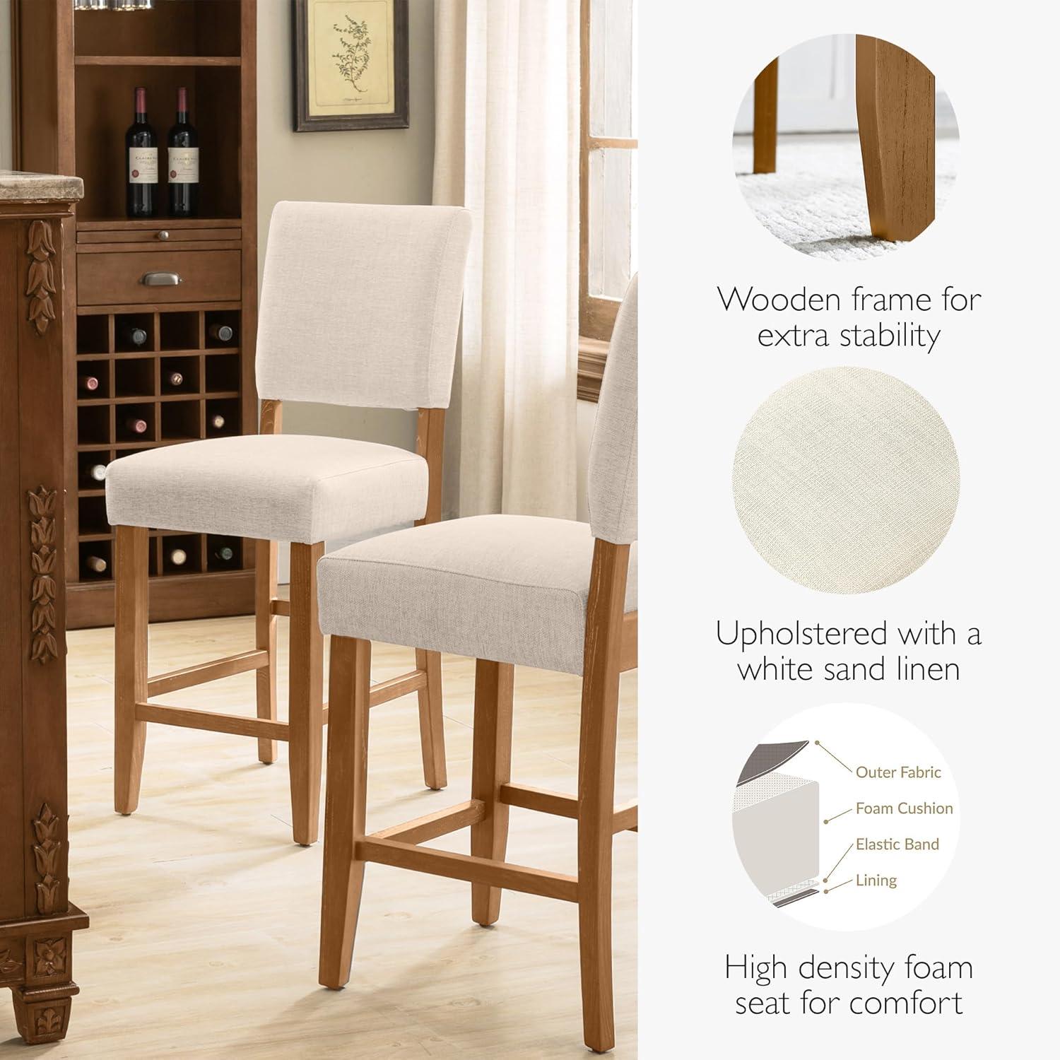 Brax Counter Height Stool with Upholstered Back and Wood Base – Set of 2 for Kitchen Counters and Islands – Modern Chairs in Natural White Sand, Leick Home, 214460