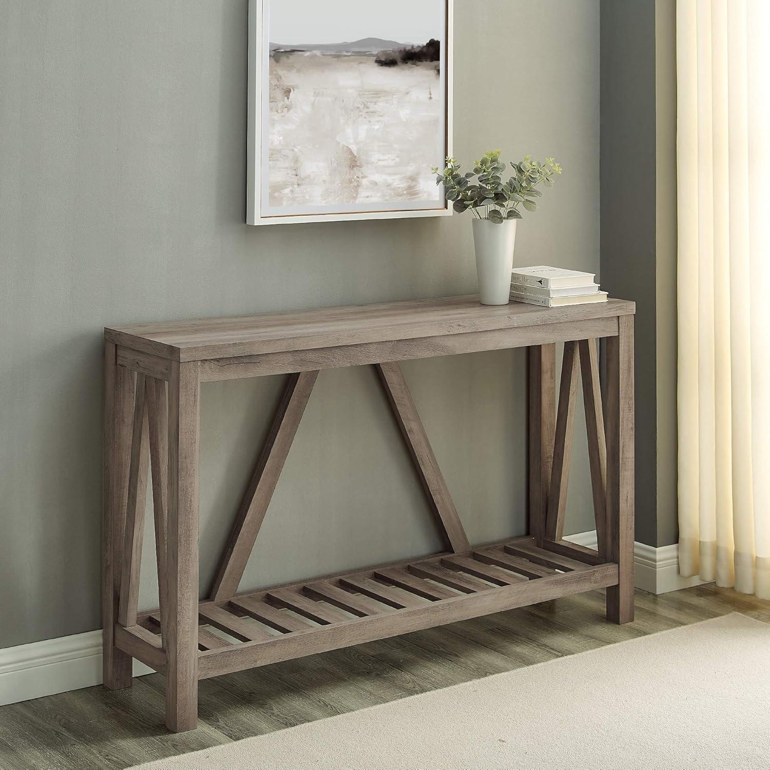 Rustic Oak and Walnut A-Frame Console Table with Storage