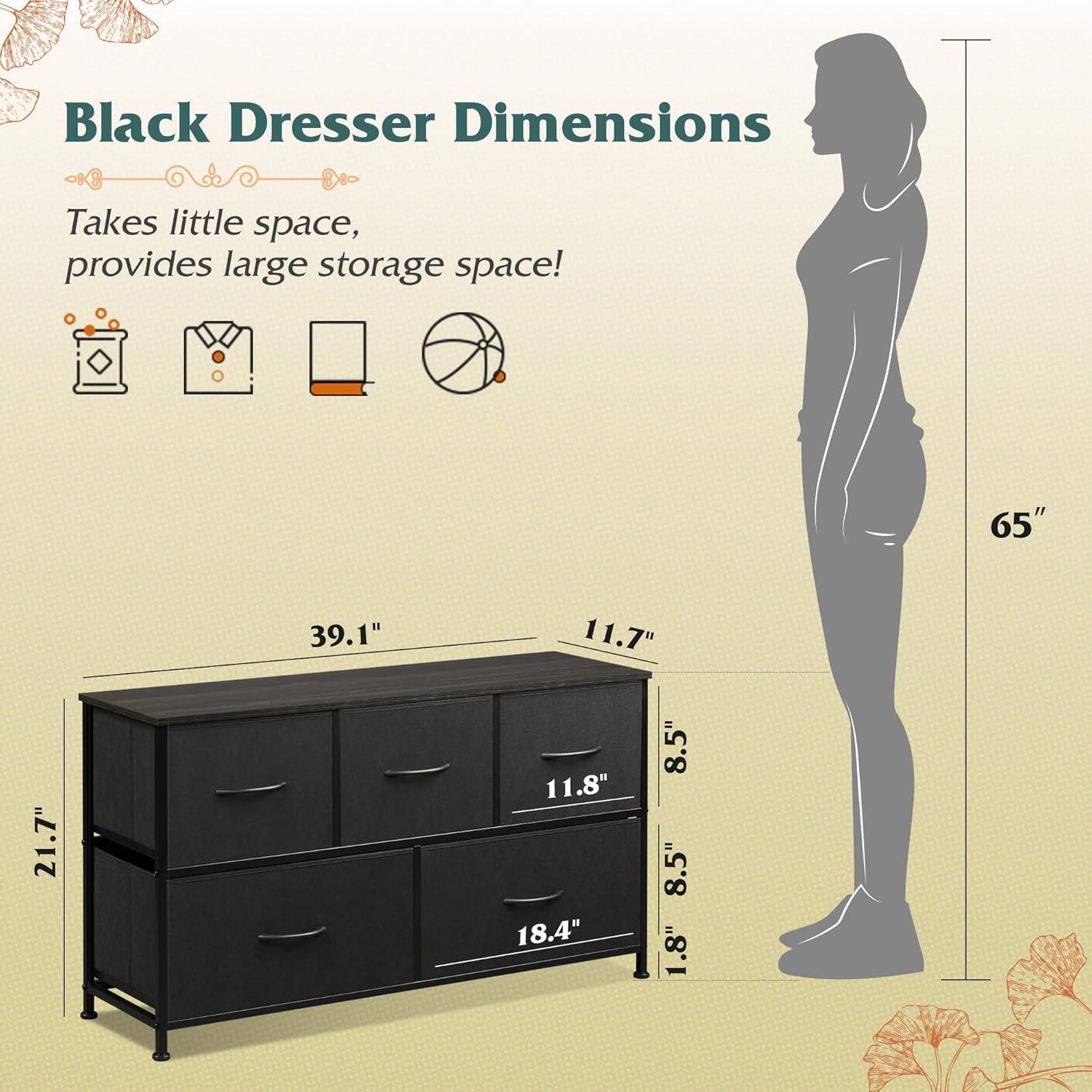 EDX 5 Drawer Dresser, Wide Chest of Drawers Nightstand Storage Tower Storage Fabric Dresser with Wood Top for Living Room, Bedroom, Hallway,Black