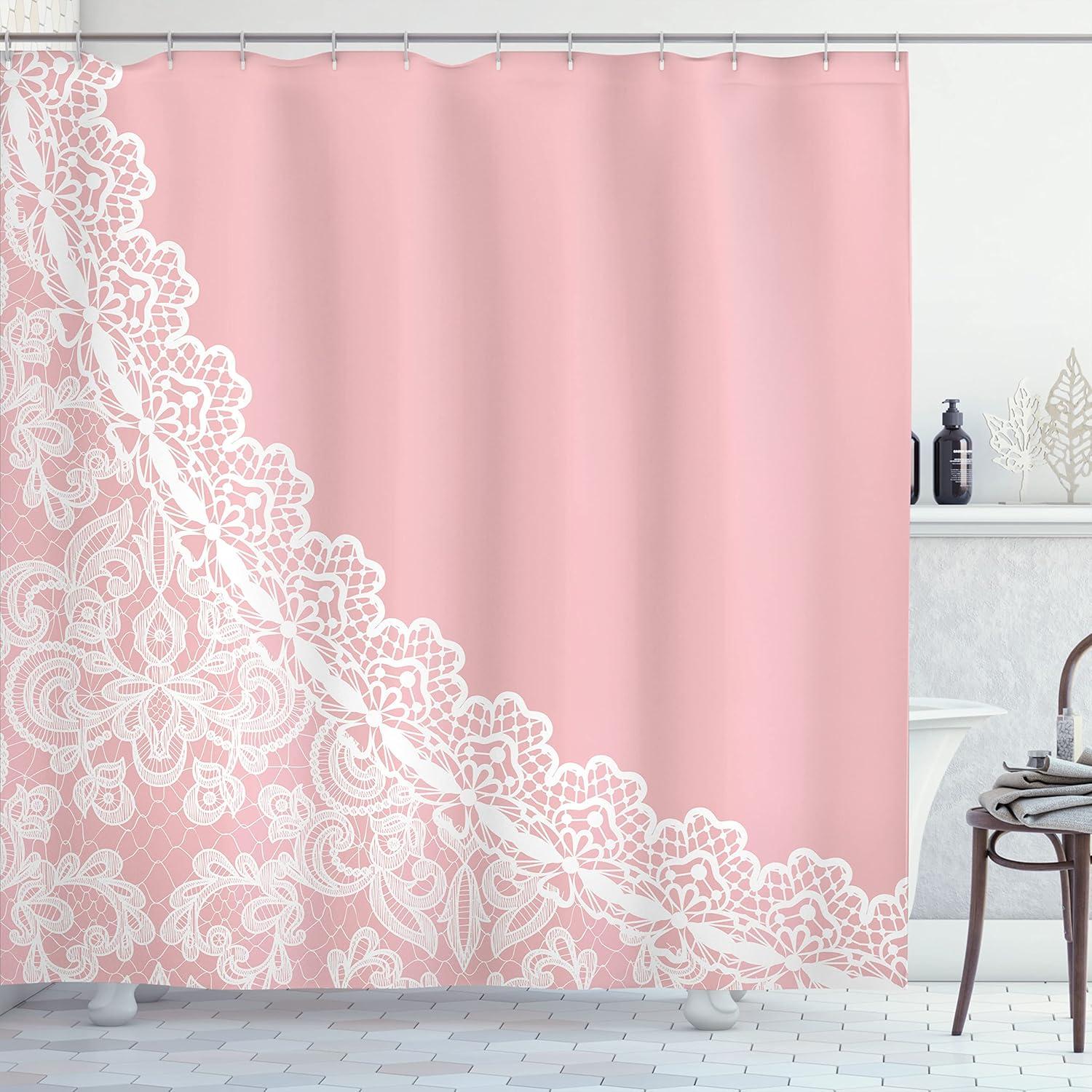 Pink and White Lace Fabric Shower Curtain with Hooks