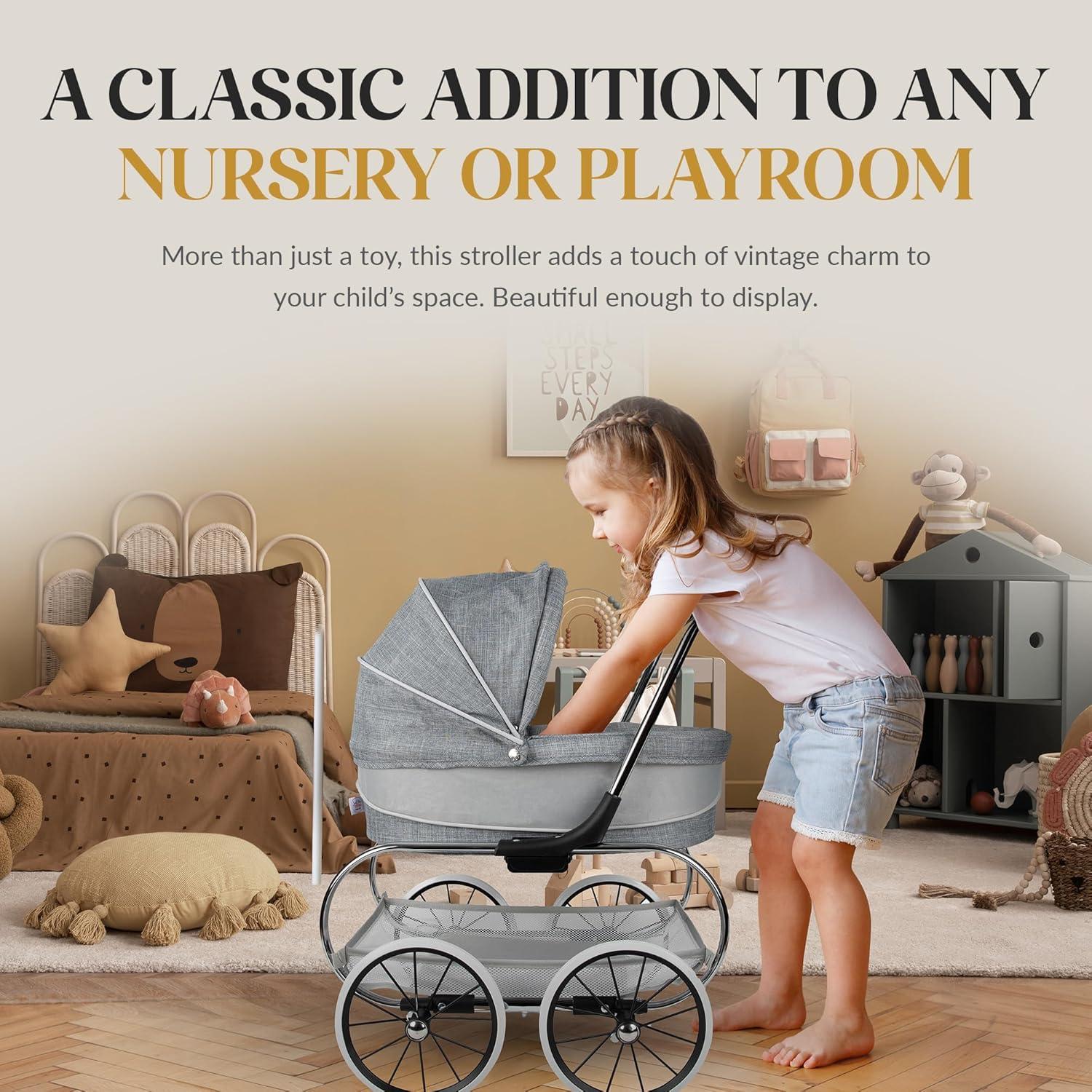 Valco Baby Princess Doll Stroller, High Quality Toy Stroller for Toddlers & Children, Excellent Holiday Gift for Realistic Pretend Play - Grey