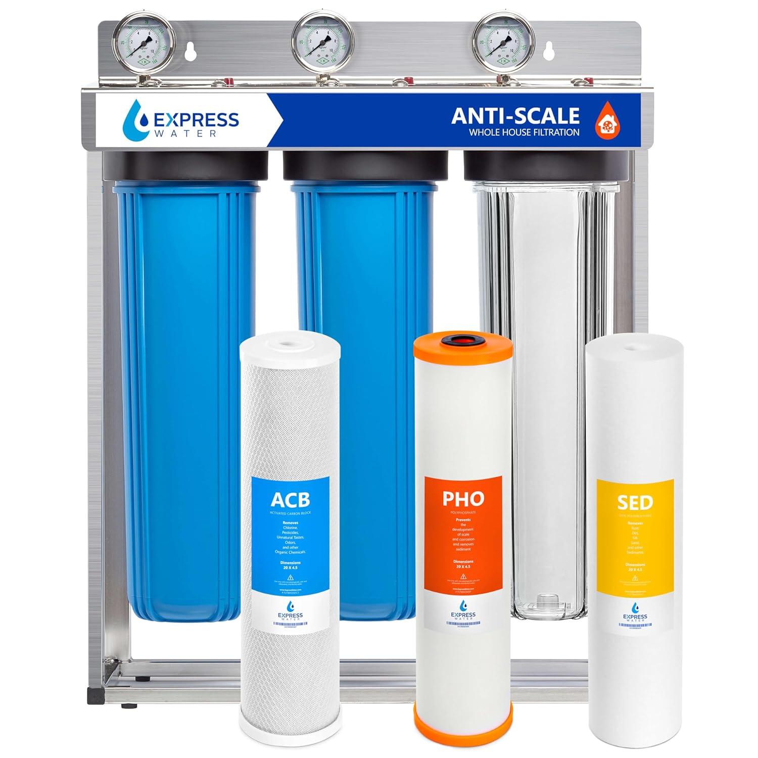 Express Water Whole House Water Filter, 3 Stage Water Filtration, Sediment, Polyphosphate Anti-Scale, Carbon Filters Includes Pressure Gauges, Easy Release, and 1 Inch Connections, 23.5" x 8.5" x 30"