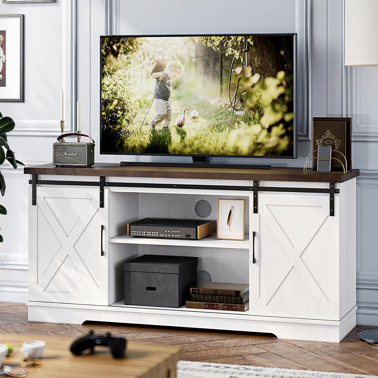 White Farmhouse TV Stand with Barn Doors and Shelves