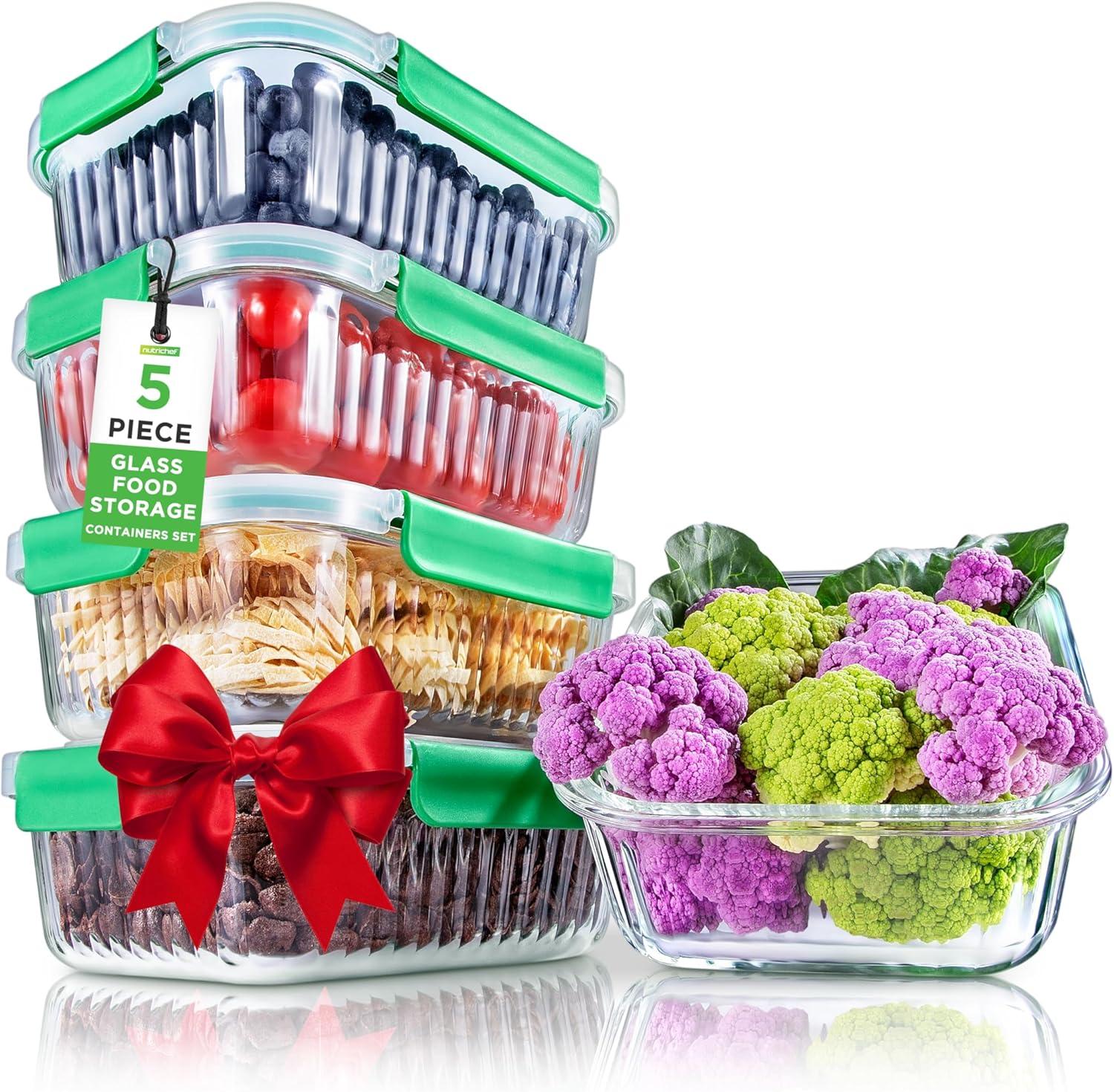 NutriChef 5-Piece Superior Glass Food Storage Containers Set - Stackable Design, Newly BPA-free Airtight Locking lids with Wave Design