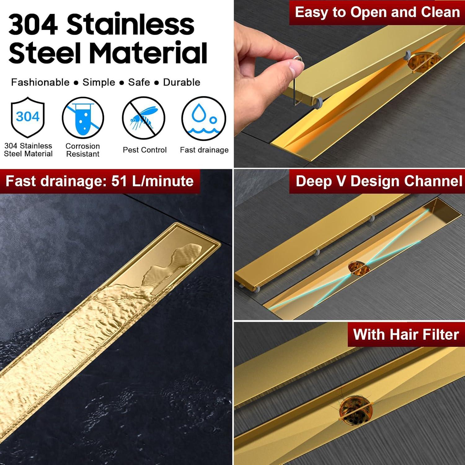 24-Inch Brushed Gold Stainless Steel Linear Shower Drain