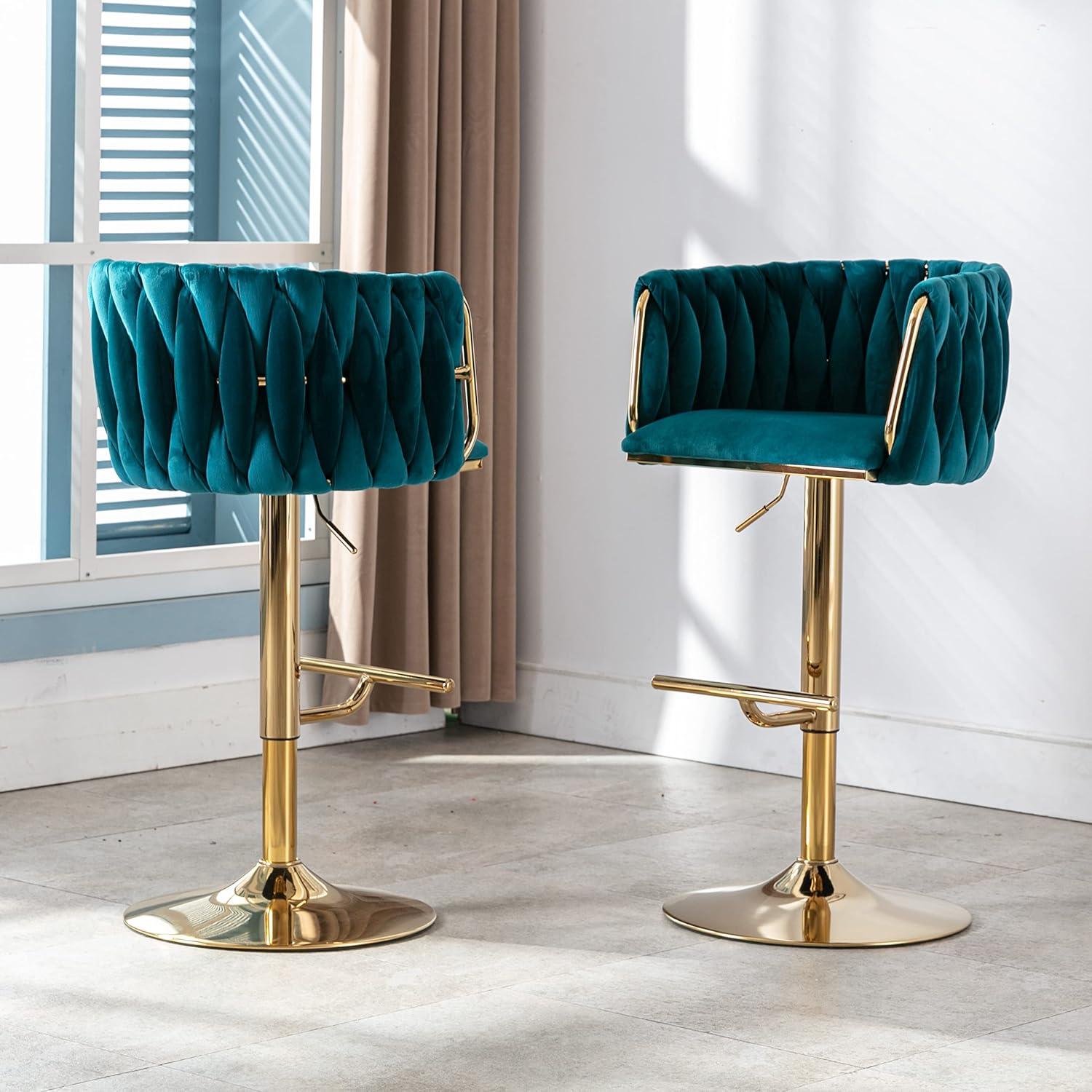 Everly Quinn Swivel Adjustable Height Bar Stool Modern Velvet Barstool with Barrel Back Kitchen Island Counter Bar Chair with Golden Base
