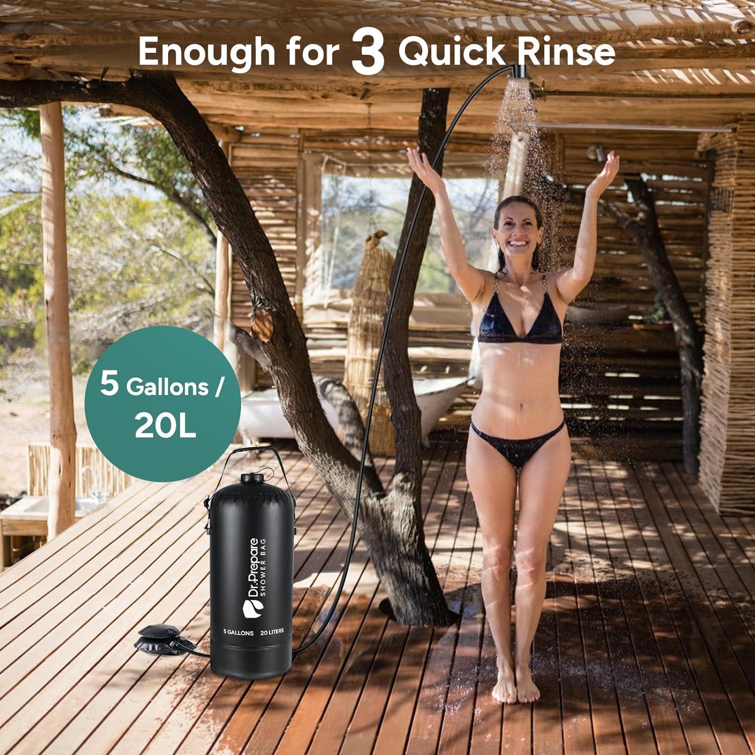 Black PVC Portable Camping Shower with Foot Pump, 5 Gallons