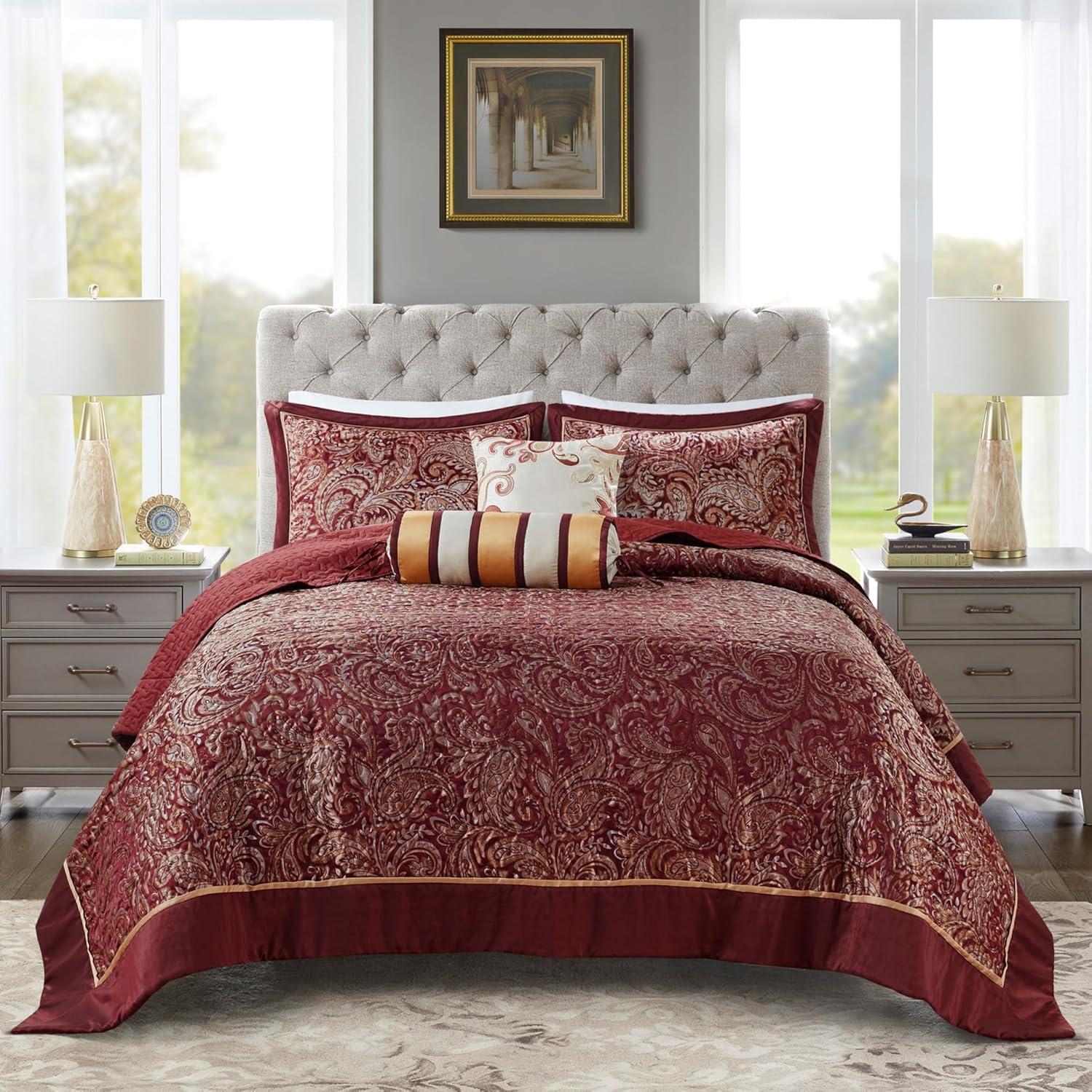 Madison Park 5pc King Whitman Reversible Jacquard Bedspread Set Burgundy: Embroidered, Traditional Style