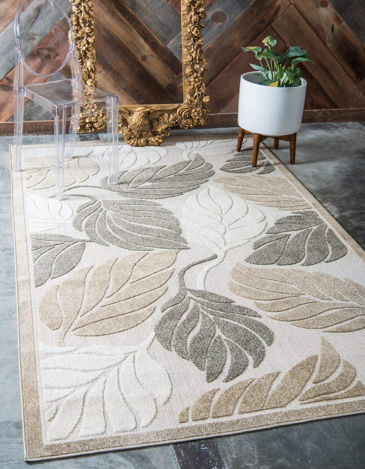 Unique Loom Augusta Indoor/Outdoor Botanical Rug Beige/Ivory 7' 1" x 10' Rectangle Border Tropical Perfect For Patio Deck Garage Entryway