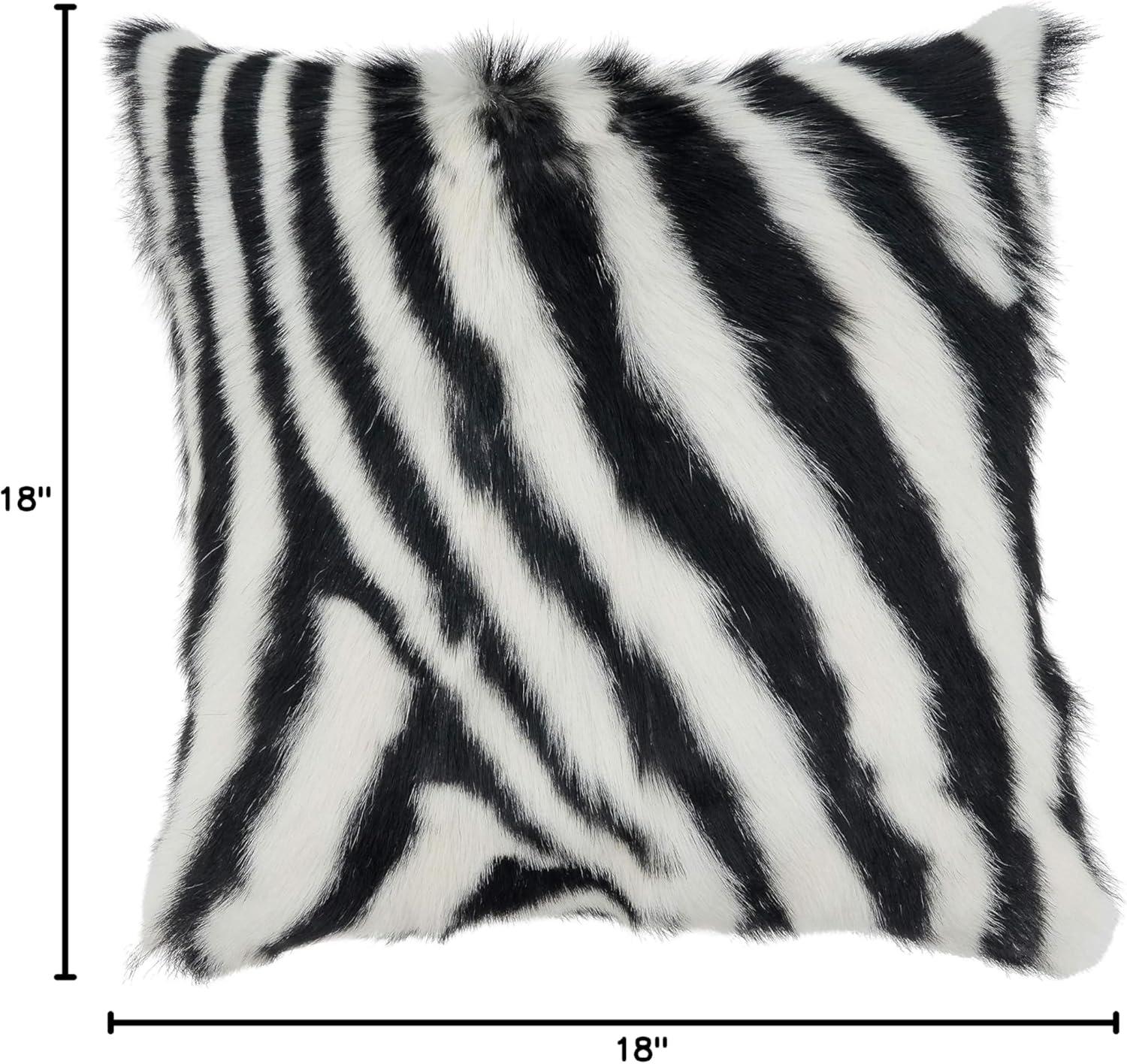 Black and White Zebra Goat Fur Square Throw Pillow 18"