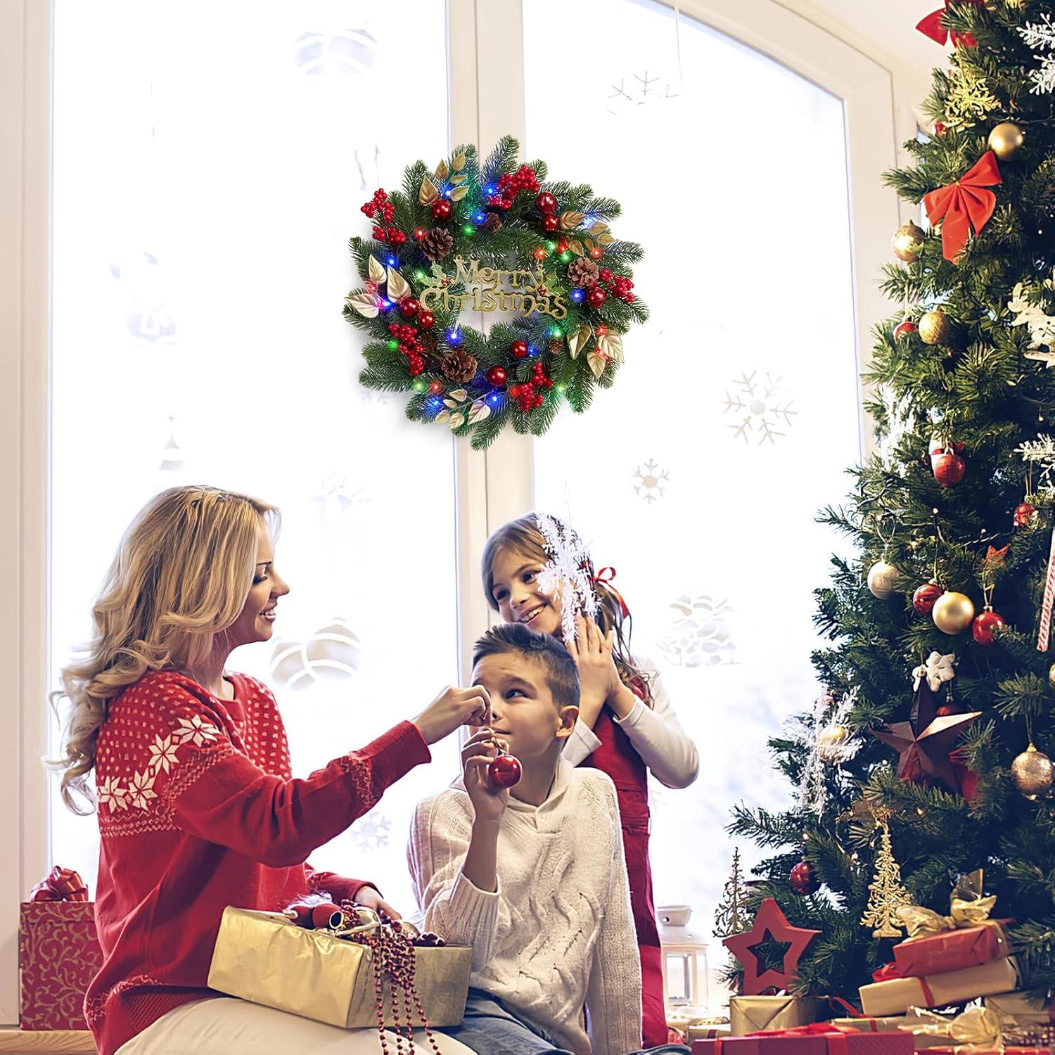 Christmas Wreath for Front Door, 18 Inch Outdoor Christmas Wreath, Battery Operated Xmas Wreath with Silver White Ball Ornaments Bows and 40 LED Lights for Home Holiday Decor