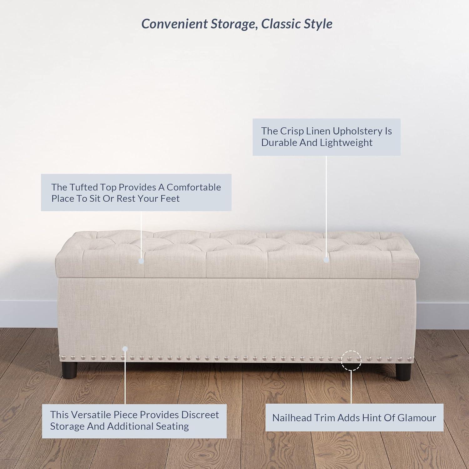 BELLEZE Button-Tufted Linen Storage Ottoman Bench - Brentwood (Dark Gray)