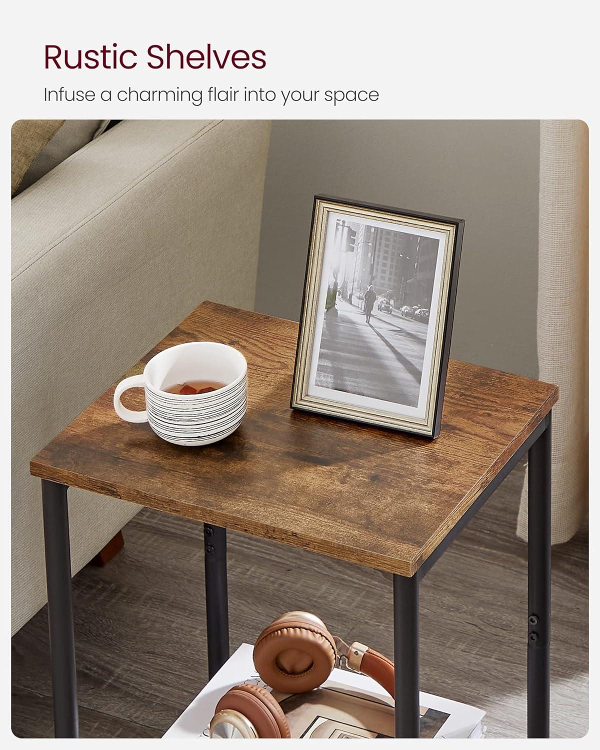 Rustic Brown and Black Metal Rectangular Side Table with Storage Shelf