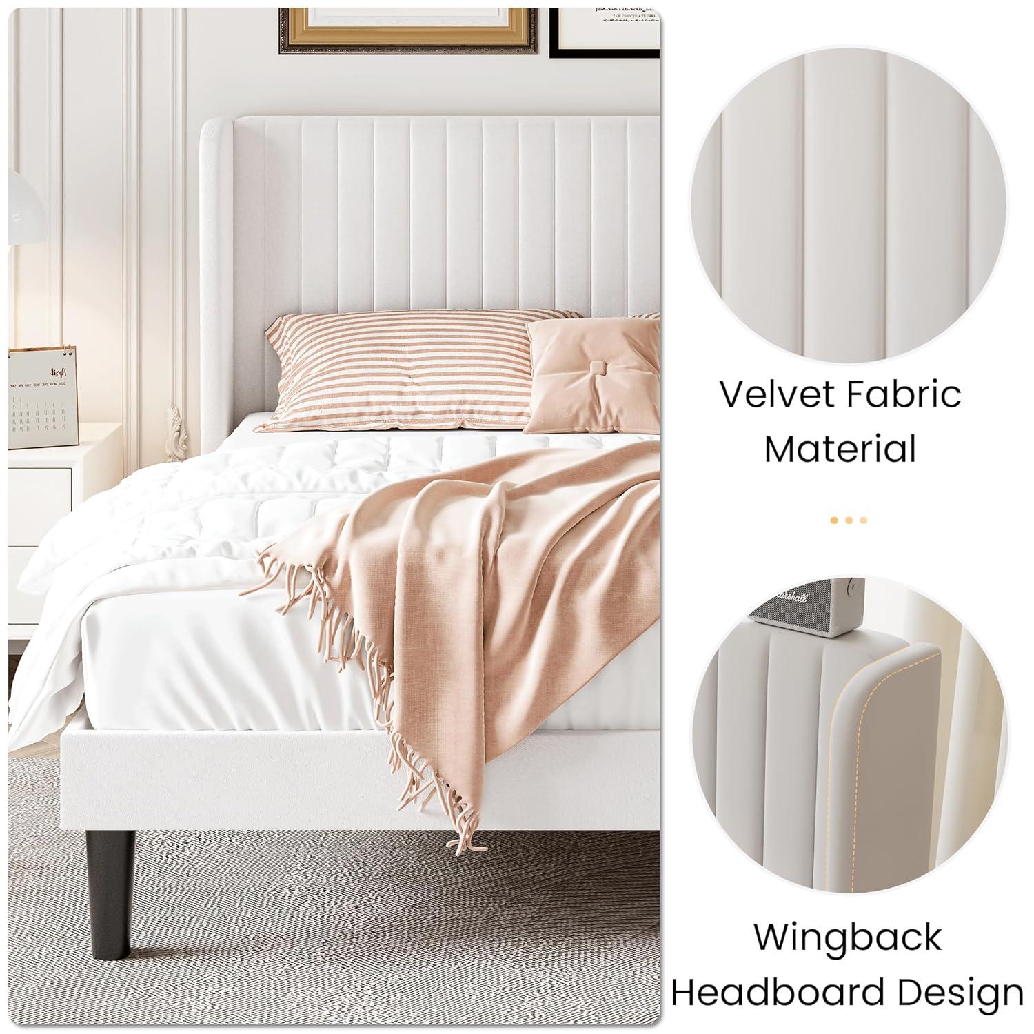 SHA CERLIN Queen Size Velvet Bed Frame with Vertical Channel Tufted Wingback Headboard, Upholstered Platform Bed with Wood Slats, No Box Spring Needed, Easy Assembly, White