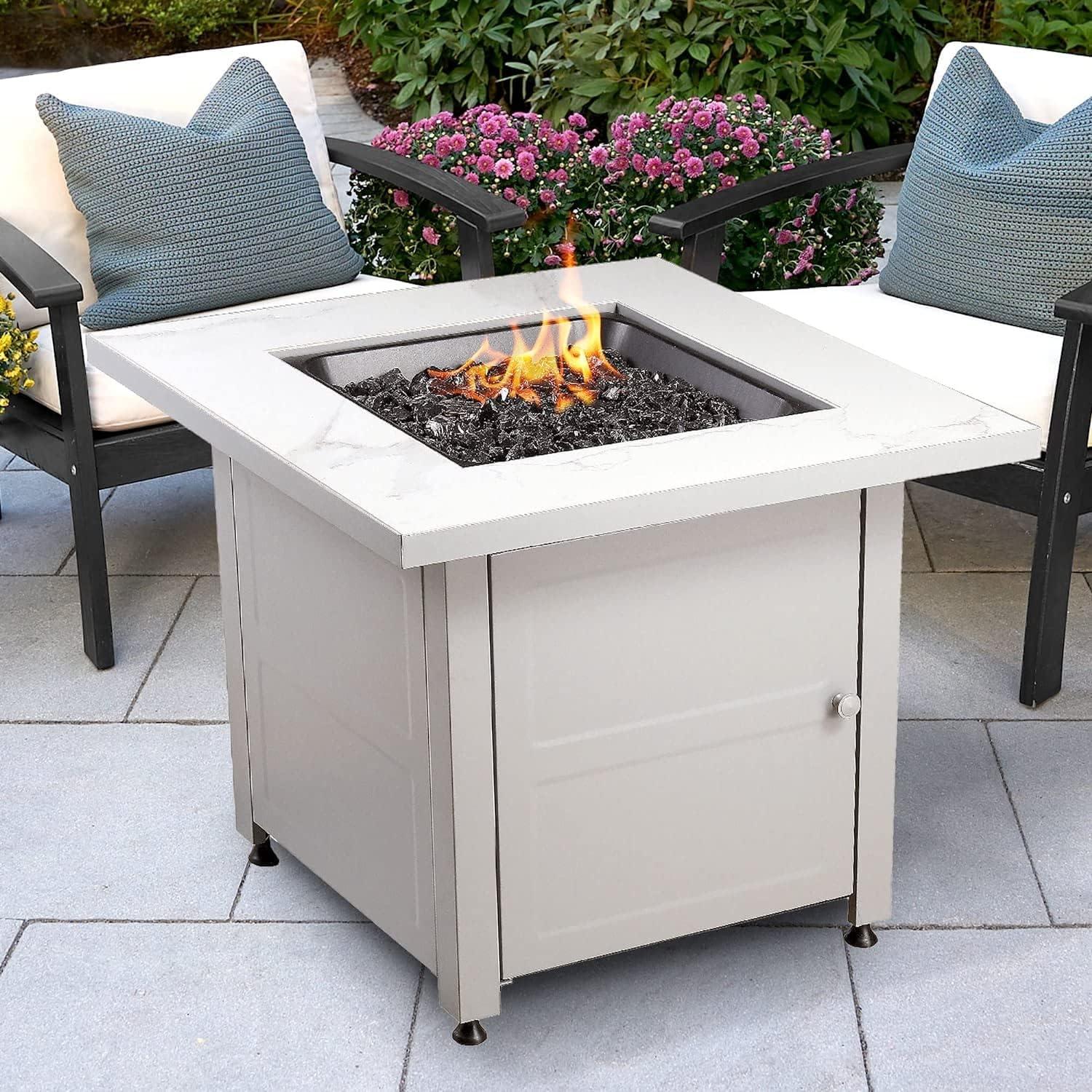 Mr. Bar-B-Q Endless Summer All Weather Outdoor Fire Pit Table with Faux Marble Finish, Black Glass