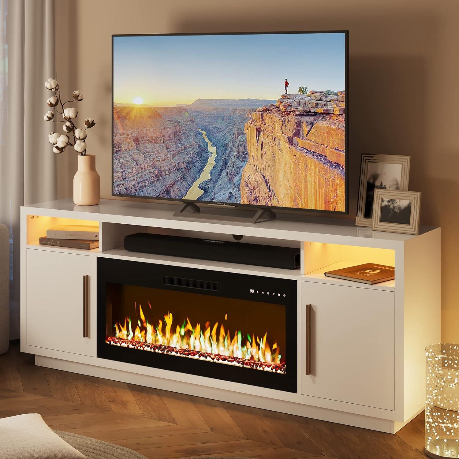 BELLEZE Fireplace TV Stand for TVs Up To 75", Entertainment Center with 36" Electric Fireplace, LED Ambient Lighting, and Storage, Media Console Table 69 Inch - Avenue (White)