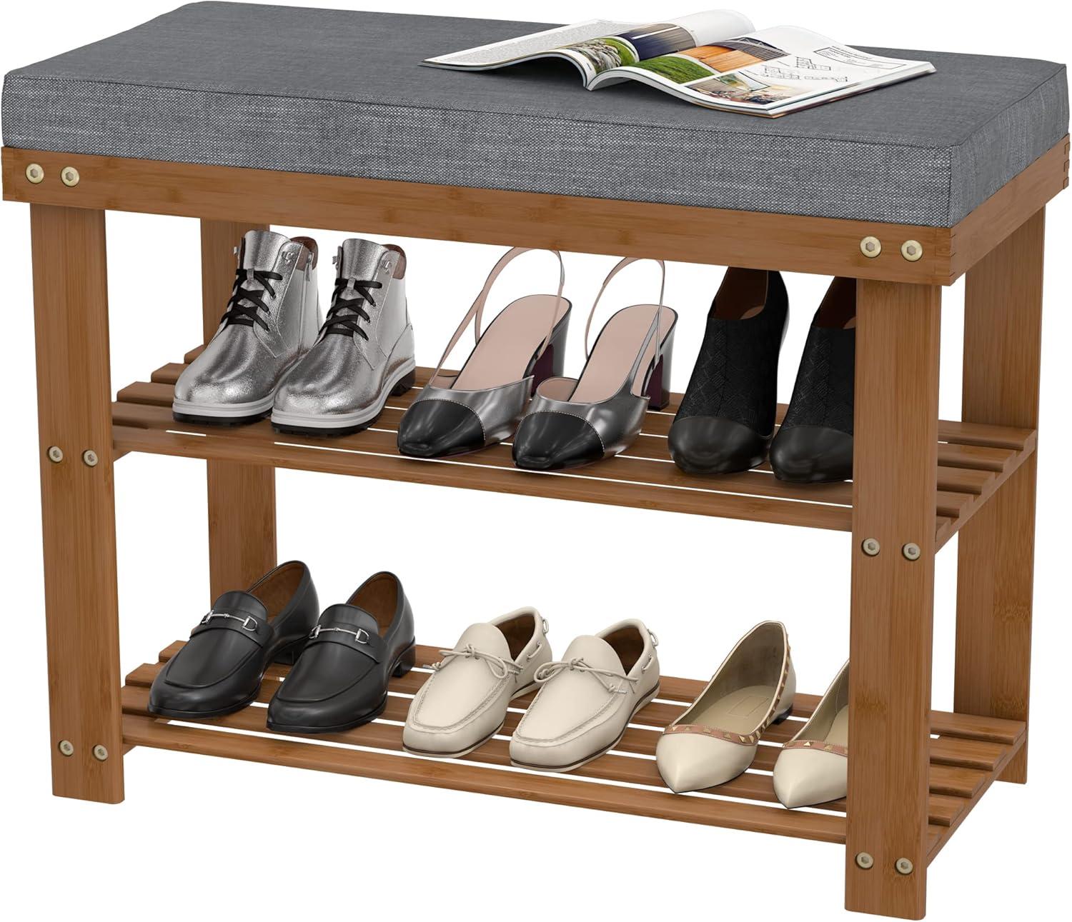 Bamboo Shoe Rack Bench with Gray Cushioned Seat