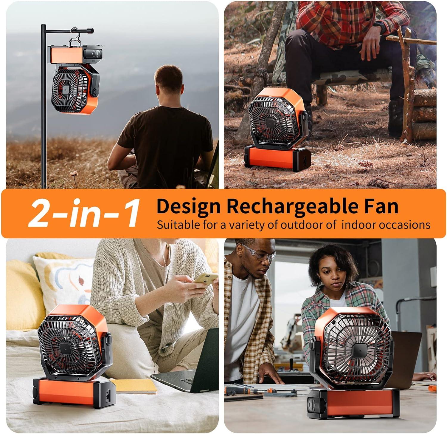 20000mAh Orange Rechargeable Camping Desk Fan with LED Light