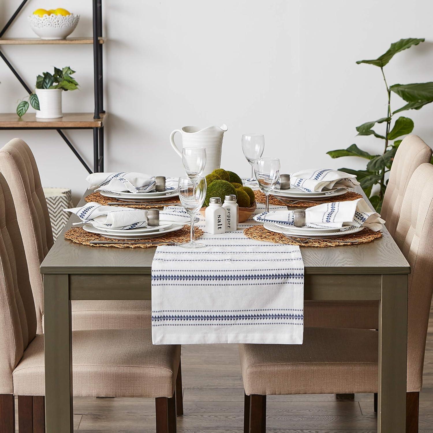 White and French Blue Cotton Striped Table Runner, 14x108