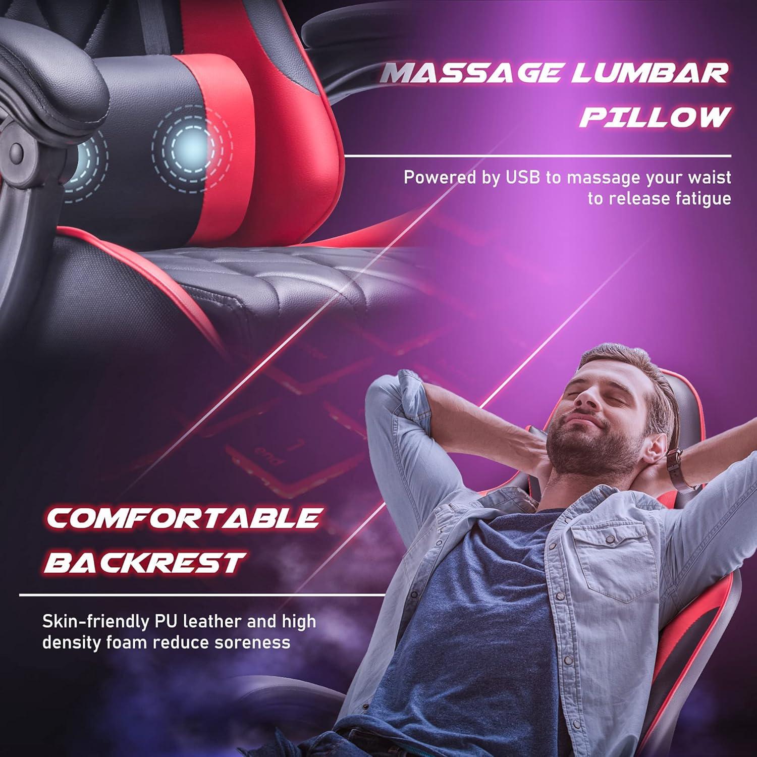 Shahoo Gaming Chair with Footrest and Massage Lumbar Support, Computer Game Chairs Ergonomic Office Seat Height Adjustable with Headrest, Red