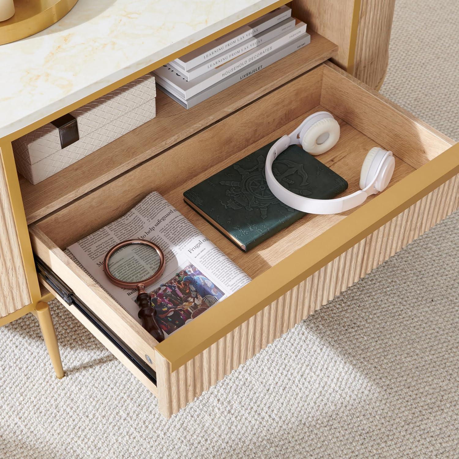 Everly Quinn Modern Fluted Coffee Table, 48" Oval Coffee Table with Drawer,Curved Profile Design,Center Table for Living Room