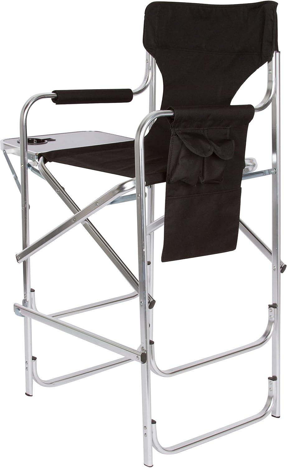 Tall Black Aluminum Foldable Director's Chair with Side Table