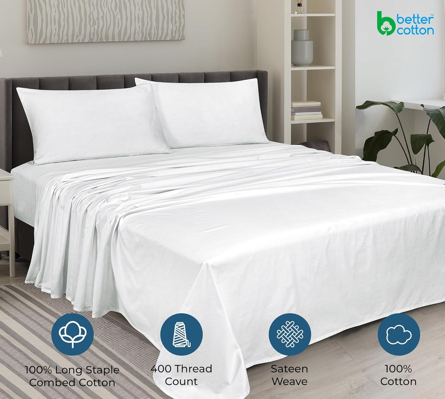 Royale Linens 400 Thread Count 100% American Grown Cotton 4 Piece Sateen Queen Sheet Set - 1 Fitted, 1 Flat Sheet, 2 Pillow case - True White Bedsheet Set - Cooling Cotton Sheets - (Queen, True White)