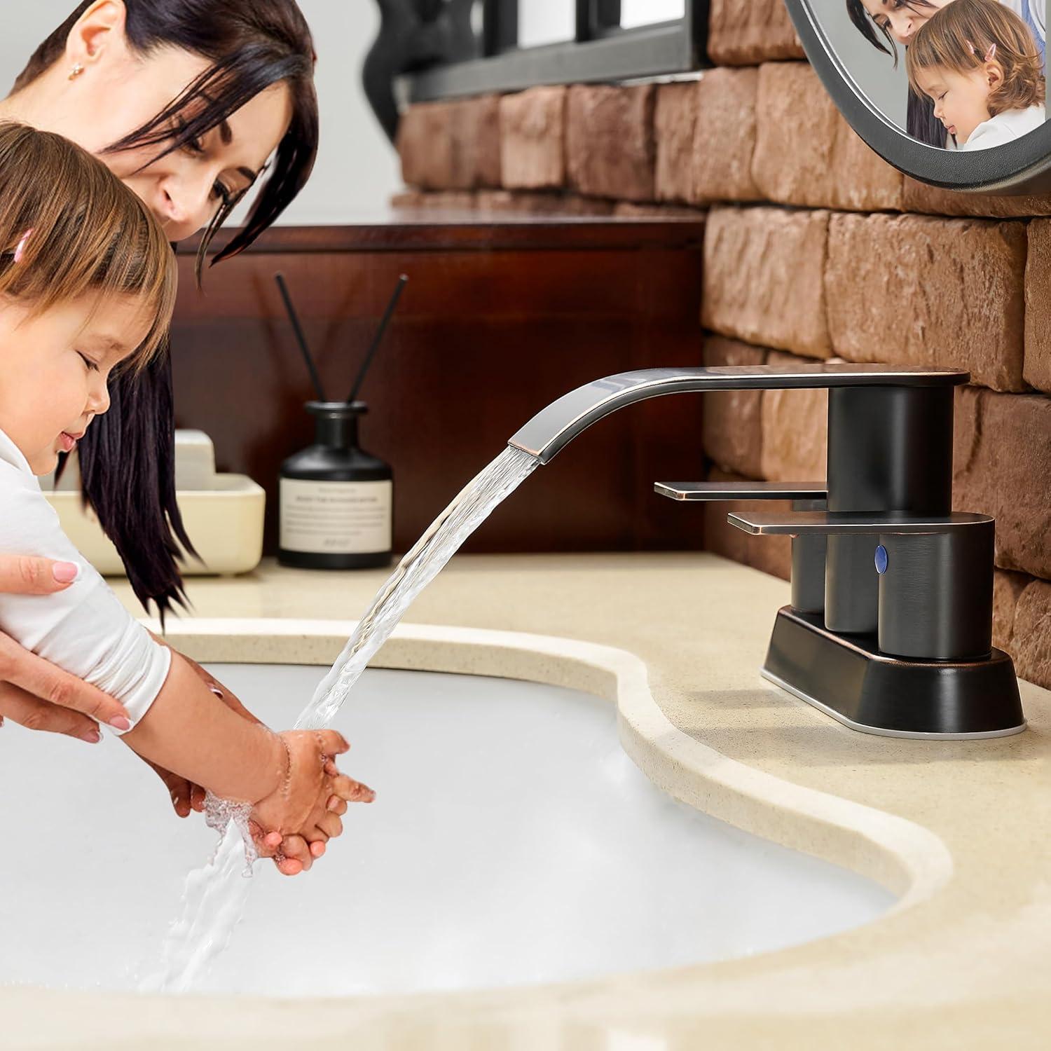 4-inch Centerset Double Handle Waterfall Bathroom Sink Faucet with Pop-up Drain Kit