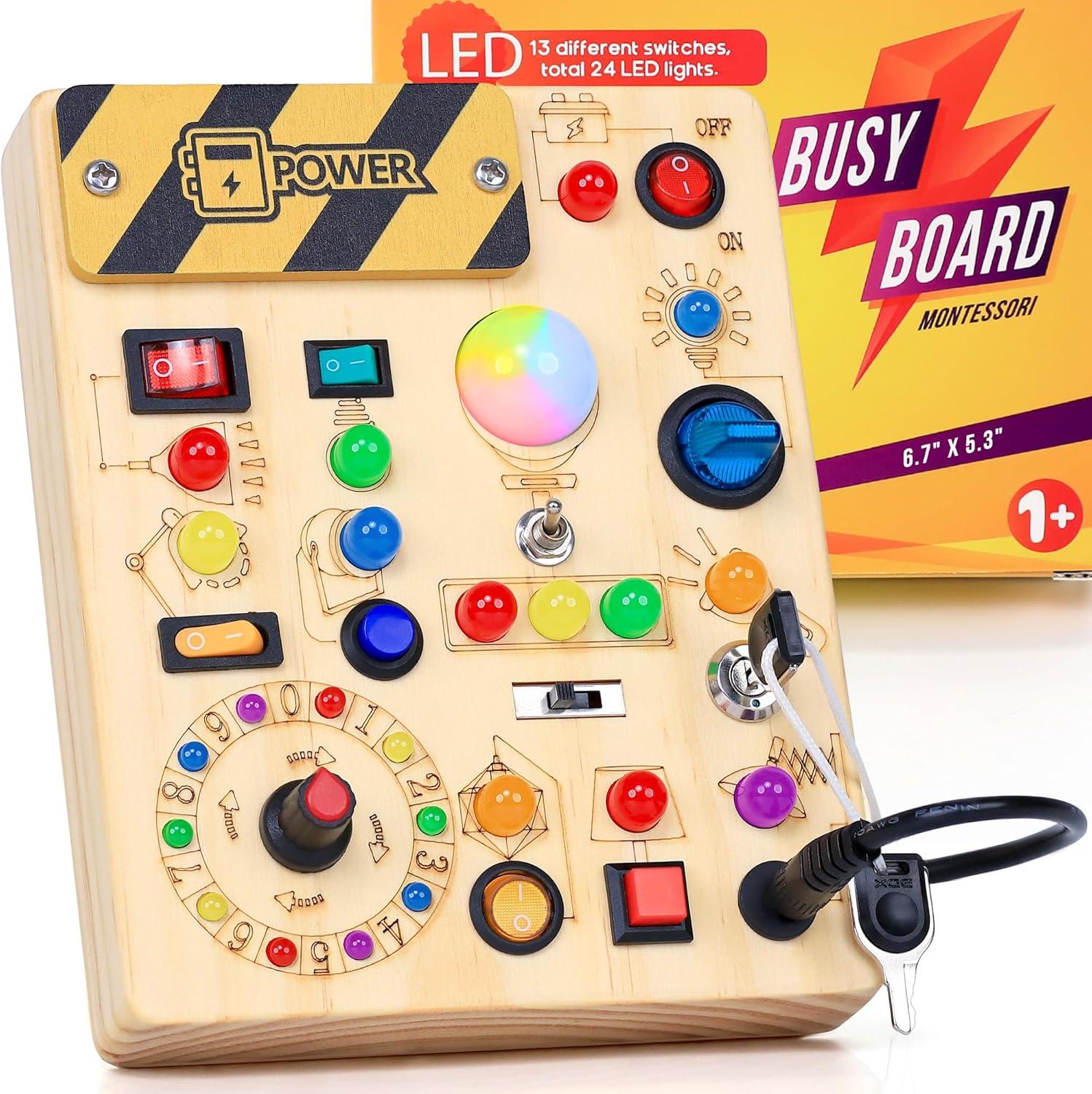 RichBoy Busy Board for 1-3 Year Old, LED Light Sensory Toys for Kids with Autism, Wooden Fine Motor Skills Montessori Toys, Toddlers Birthday Gift (Activity Sturdy, Well-Made)