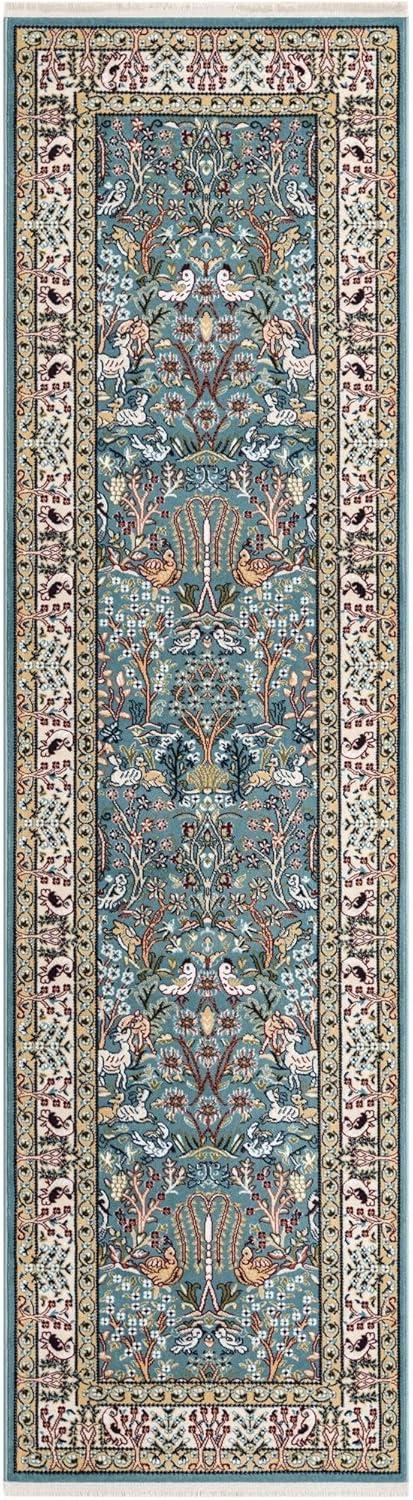 Blue Floral Synthetic Easy Care Runner Rug