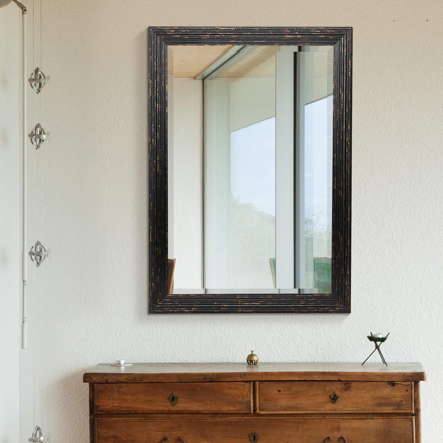 Head West 27.5 x 33.5 Beaded Frame Mirror with Beveled Edge - Black Wash