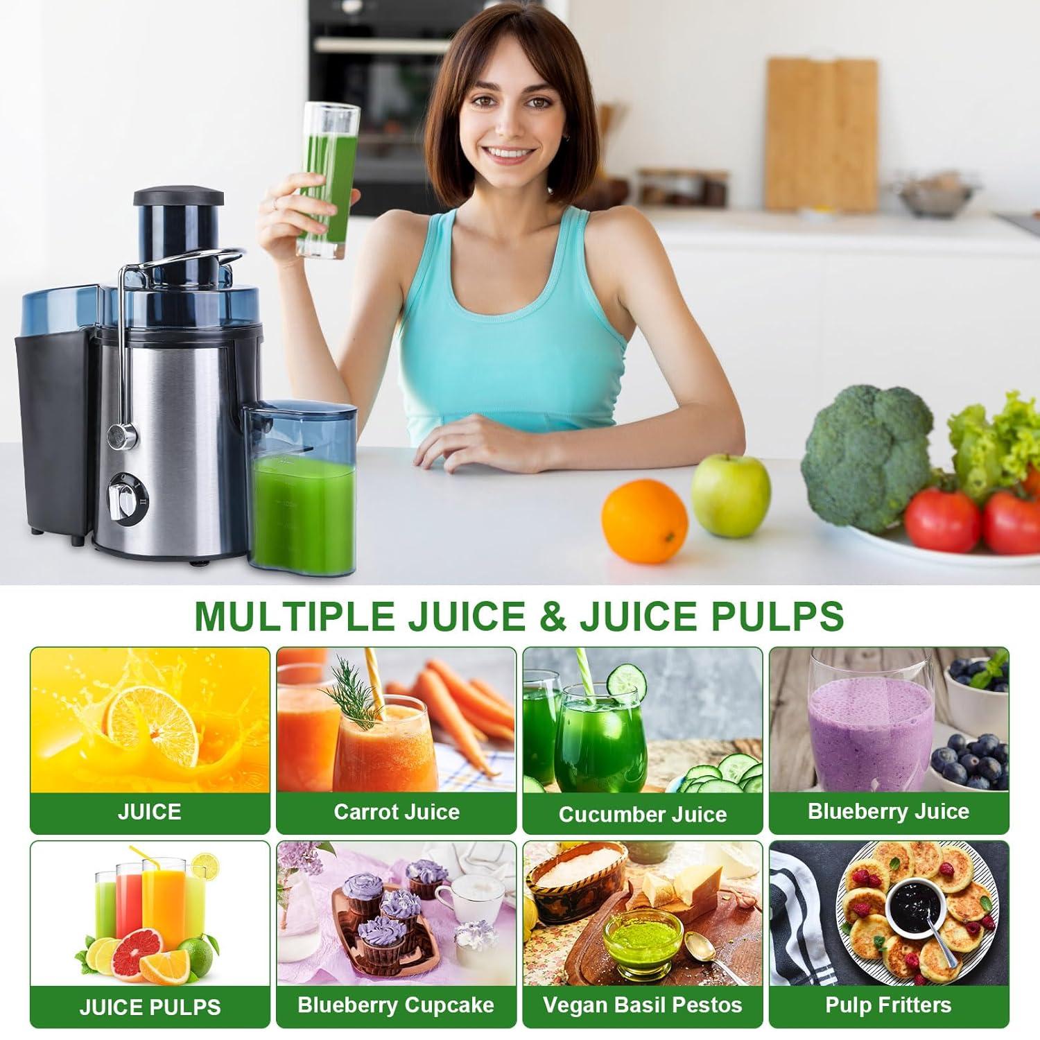 Moclever Juicer Machine, 1000W Centrifugal Juicer Extractor with 2 Speeds 3.6in Wide Feed Chute 17Oz Juicer Cup 54Oz Pulp Collector, Easy to Clean, Stainless Steel Electric Juicer