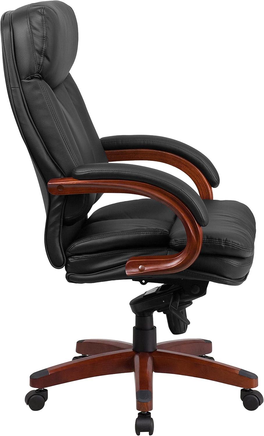 High Back Black Leather Executive Swivel Office Chair with Mahogany Wood Base