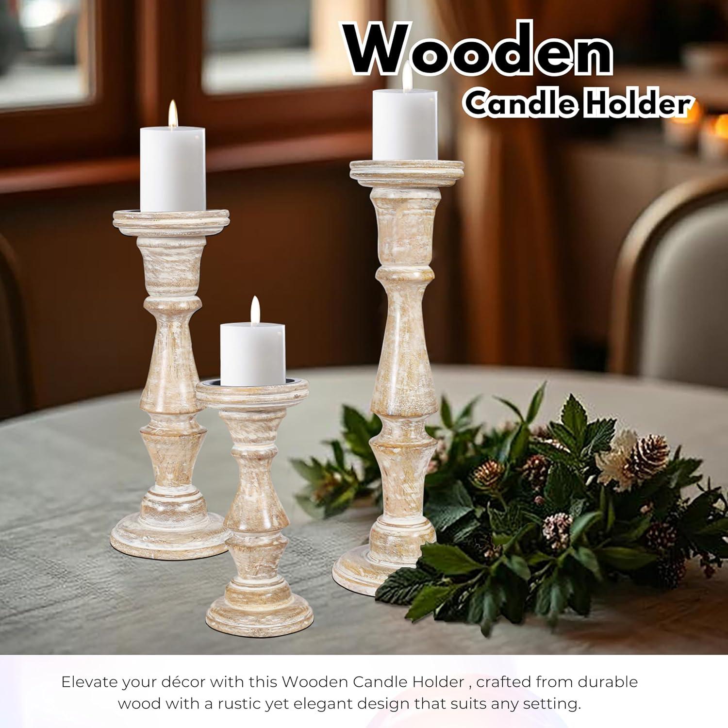 DecMode Traditional and Timeless Mango Wood Pillar Candle Holder Set of 3, 6", 8", 10"H, Cream Finish